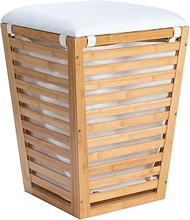Household Essentials Slatted Natural Bamboo Hamper with Cushioned Lid an...