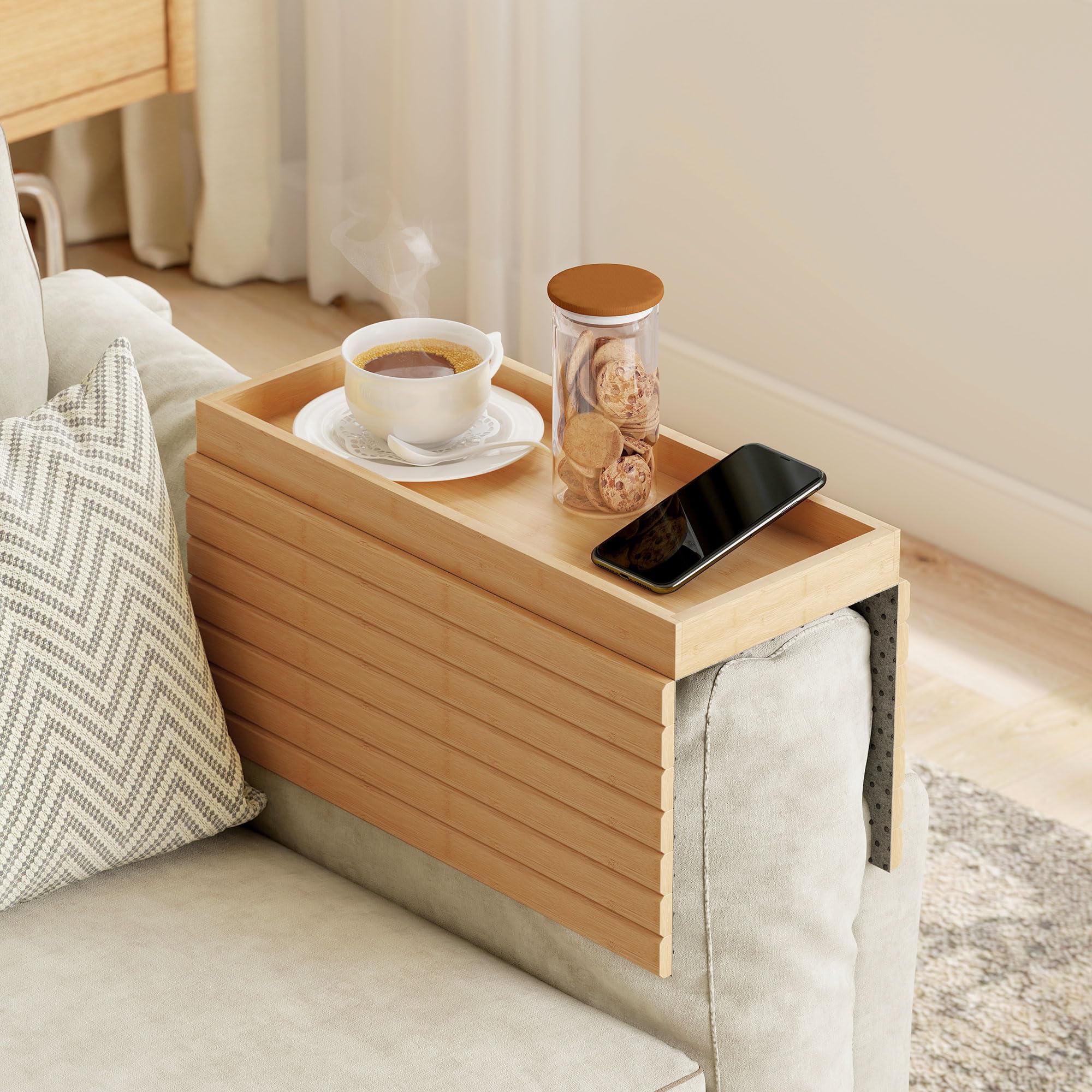 HOMCOM Bamboo Sofa Arm Tray, Foldable Anti-Slip Armrest Tray, Flexible Roll-up Couch Armrest Table for Drinks and Snacks, Natural Wood Finish