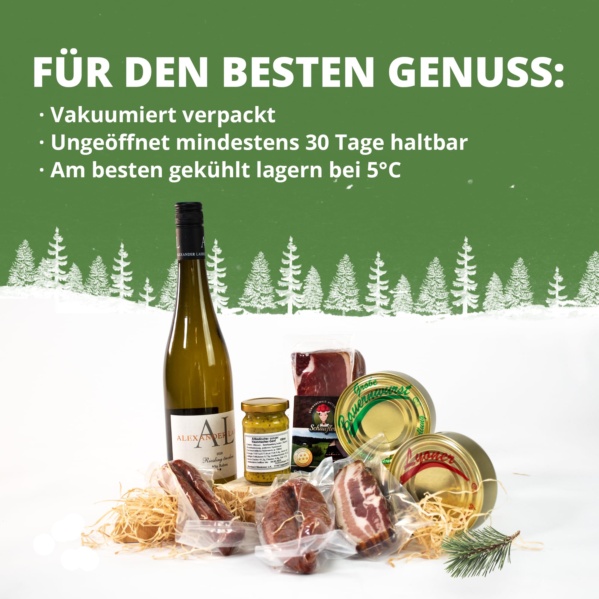 Schwarzwald Metzgerei - Geschenkset "Vesper" mit verschiedenen Wurtsspezialitäten, einem Gourmet-Senf und hervorragenden Weißwein - 8-teilig