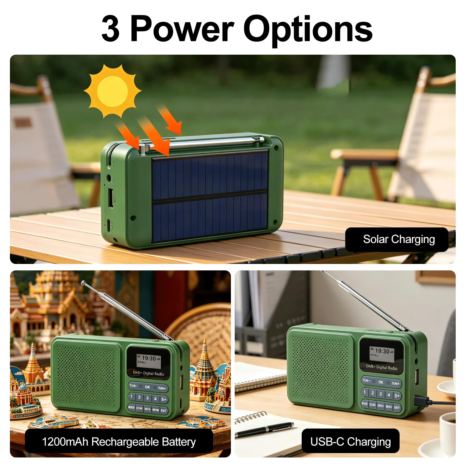 Radio di emergenza, radio Dab con energia solare con altoparlante Bluetooth stereo da 3 W, meteorologica di emergenza con USB e riproduzione di schede, per uso esterno e