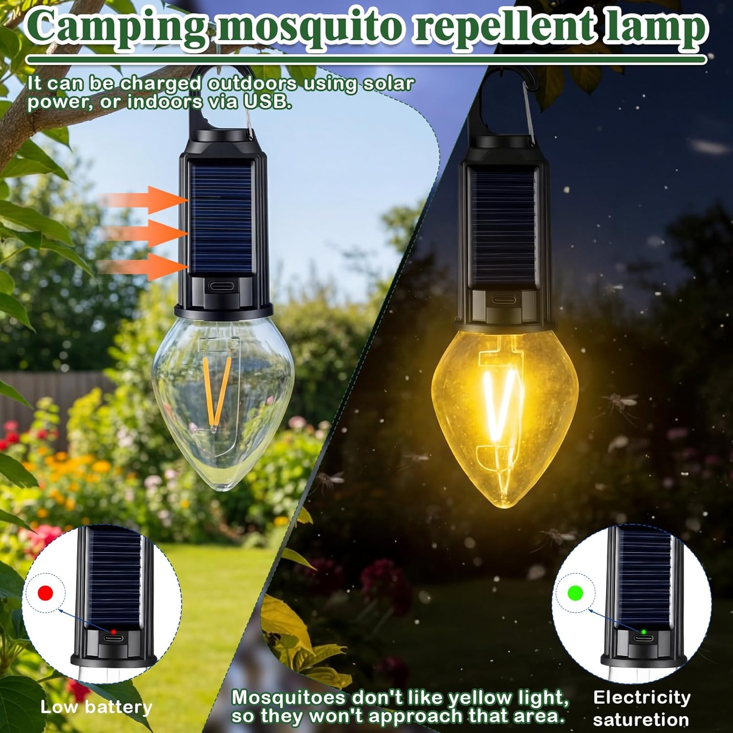 4 Pcs Solar Mosquito Repellent Camping Lantern with Yellow Light, Mosquito-reducing Rechargeable LED Bulb, 3 Different Modes, Portable Hanging Tent Light with Hook for Camping Hiking(T03)
