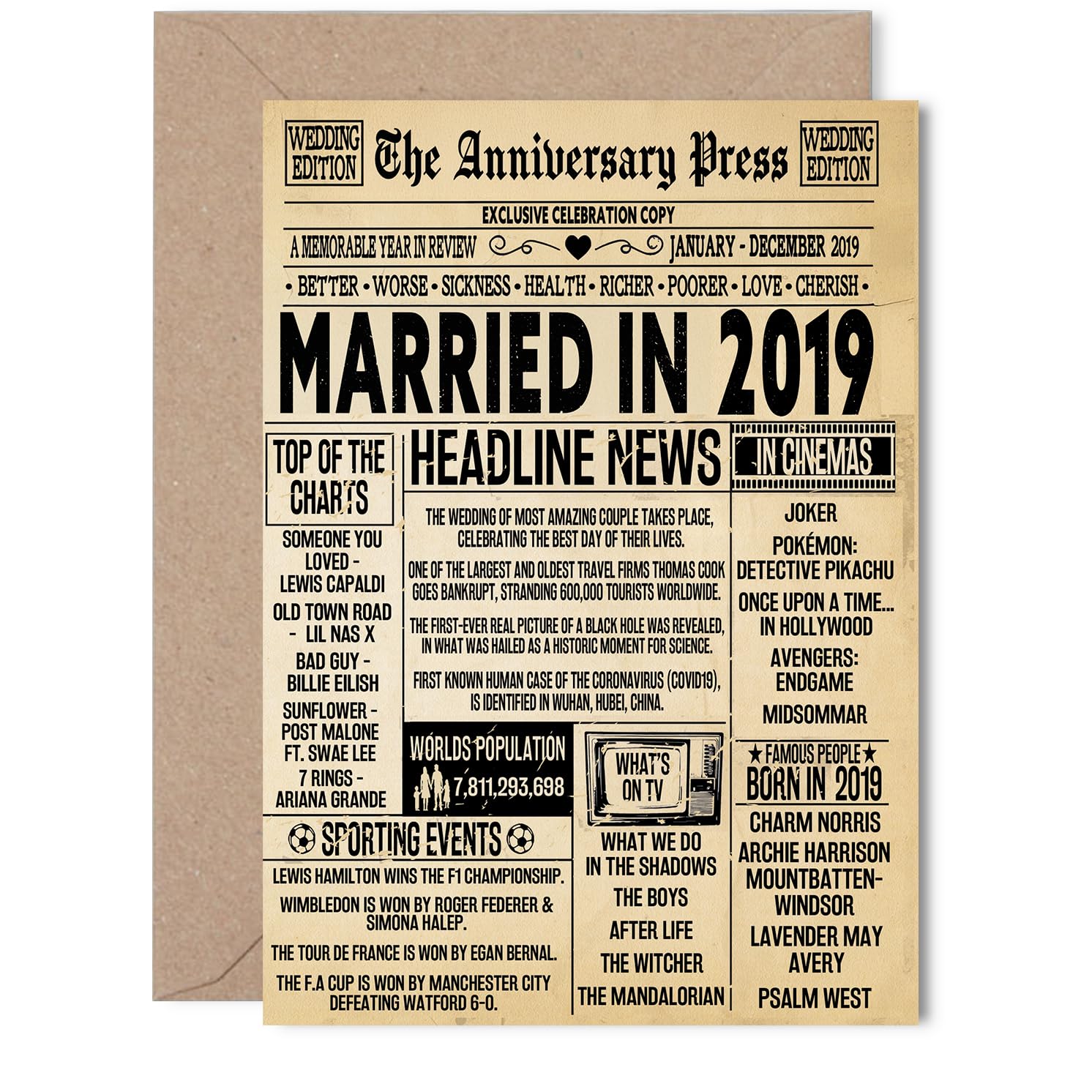 7th Anniversary Card for Women Men - Vintage Newspaper Married in 2019-7 Year Wedding Anniversary Card for Wife Partner Husband Companion, 5x7 Inch Anniversaries Greeting Cards