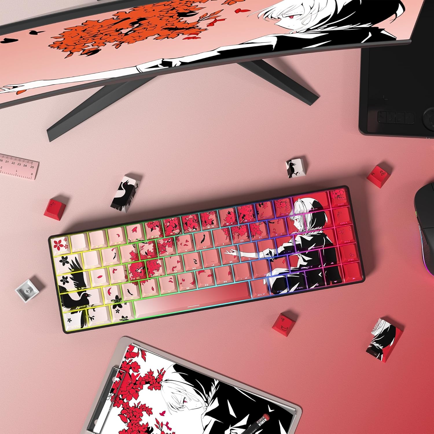 Rainy Japanese Anime Keycaps Shine Throgu Key Caps,Cherry Keycaps 129 Keys PBT Dye Sublimation Custom Keycaps Set for Mechanical Keyboard 61/64/75/84/87/104/108 Layout with Key Puller (Red)