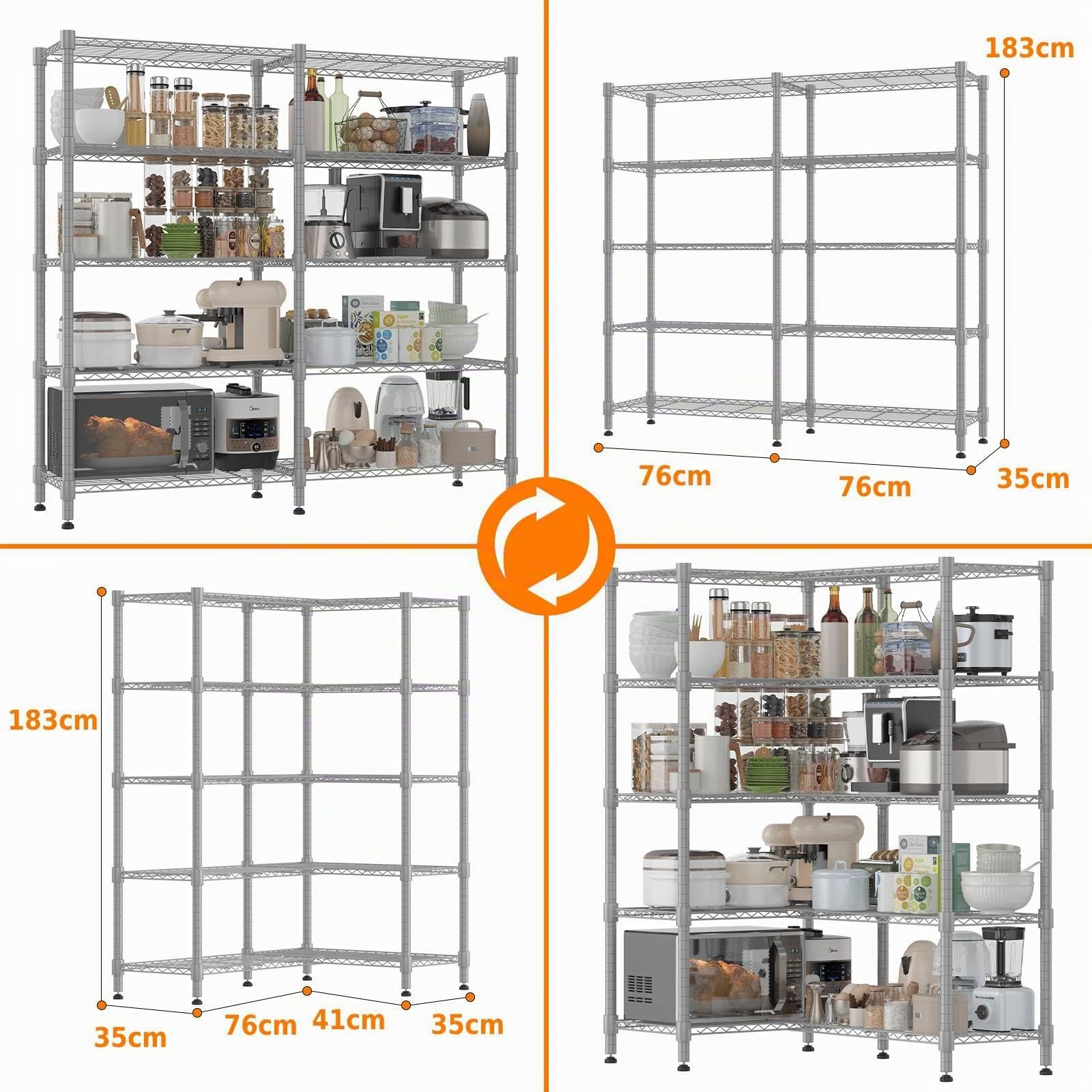Himimi Estantería metálica de 5 niveles para almacenamiento, Unidad de estanterías de alambre ajustables, Estantes resistentes con pies niveladores, Estantería de almacenamiento 152*35*183cm, Plateado