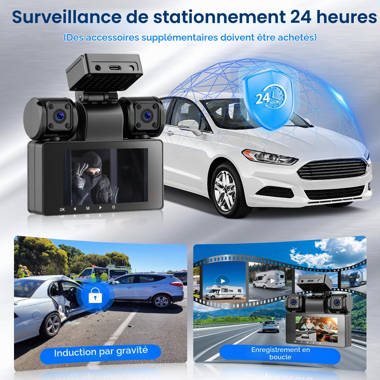 Hodozzy 2K Dashcam Voiture 360° avec 5GHz WiFi, 4 Caméras Avant Arrière Intérieur Gauche, Nachtsicht Ohne Licht, Écran Tactile IPS 3", Enregistrement en Boucle, Capteur G,Aide à la Marche arrière