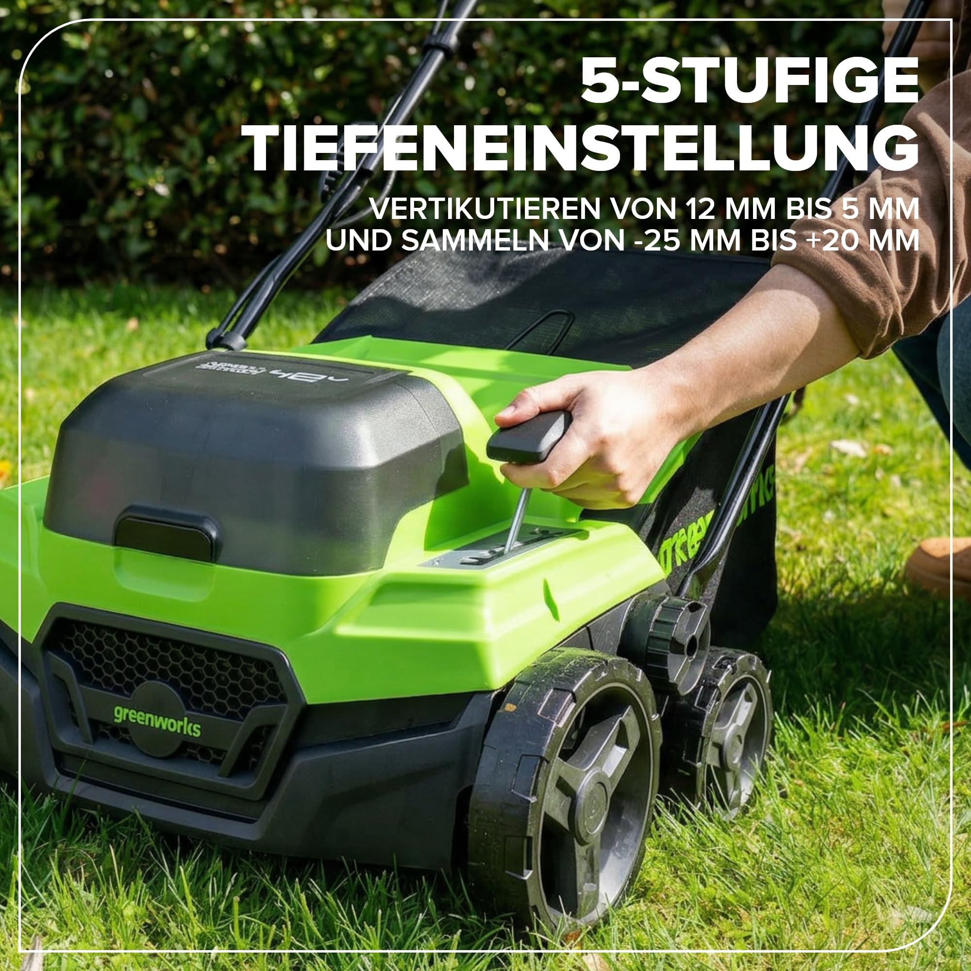 Greenworks Escarificador Aireador Césped 48V (24V x2) Brushless 2-en-1, Ancho 38 cm, 5 Niveles Altura, Bolsa 45L, Manillar Plegable, Herramienta Jardín Inalámbrica, Sin Batería GD2X24SC38II