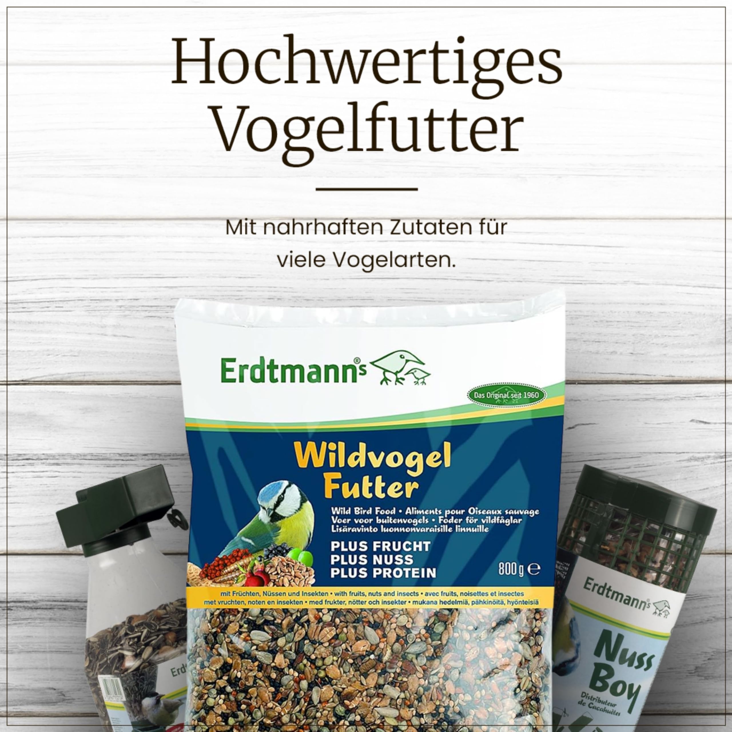 Erdtmanns Wildvogelfutter Starterpaket (1 x 2.15 kg) – mit Futterspender & Buch von Peter Berthold – inkl. Poster & Füttertipps für Sommer & Winter – Vogelfutter – Geschenkset für Naturfreunde