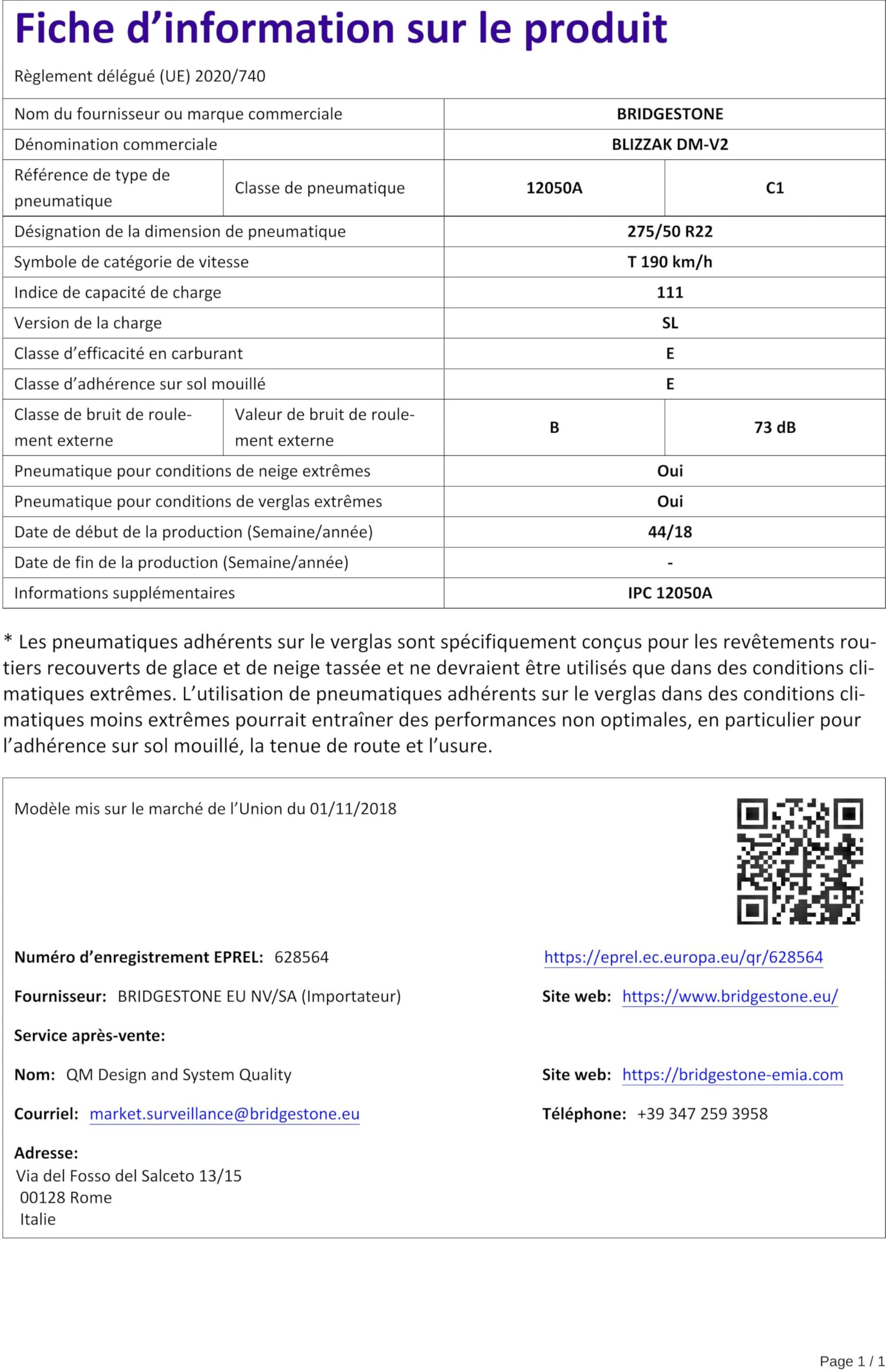 Bridgestone BLIZZAK DM-V2-275/50 R22 111T - F/F/73 - Winterreifen (SUV & 4x4)