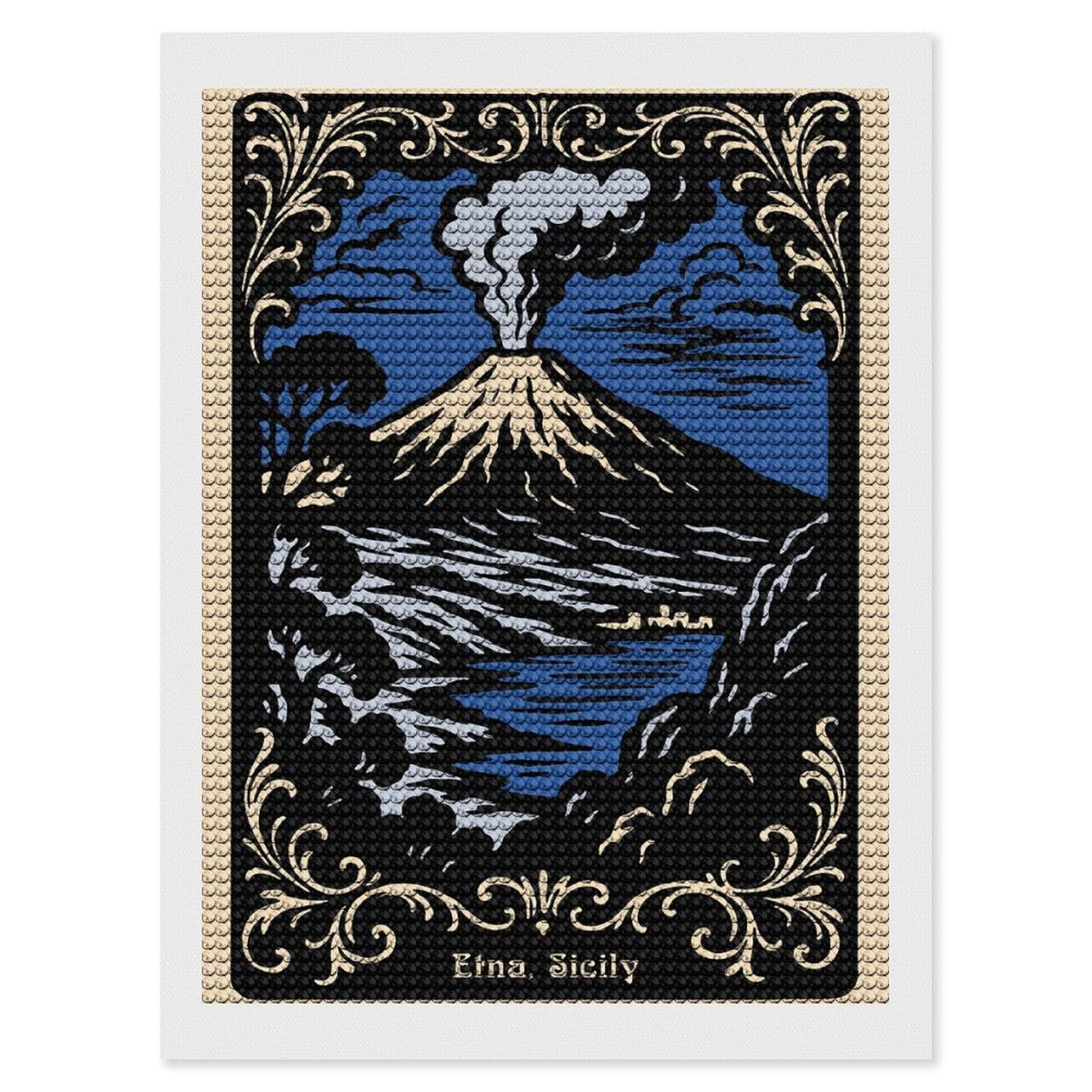 Junmoney Etna, Sicily Volcanic Landscape Art Diamond Painting Set 12"x16", Stress Relief Craft, Easy to Enjoy, Vintage Style Decor, Festive Craft Gift