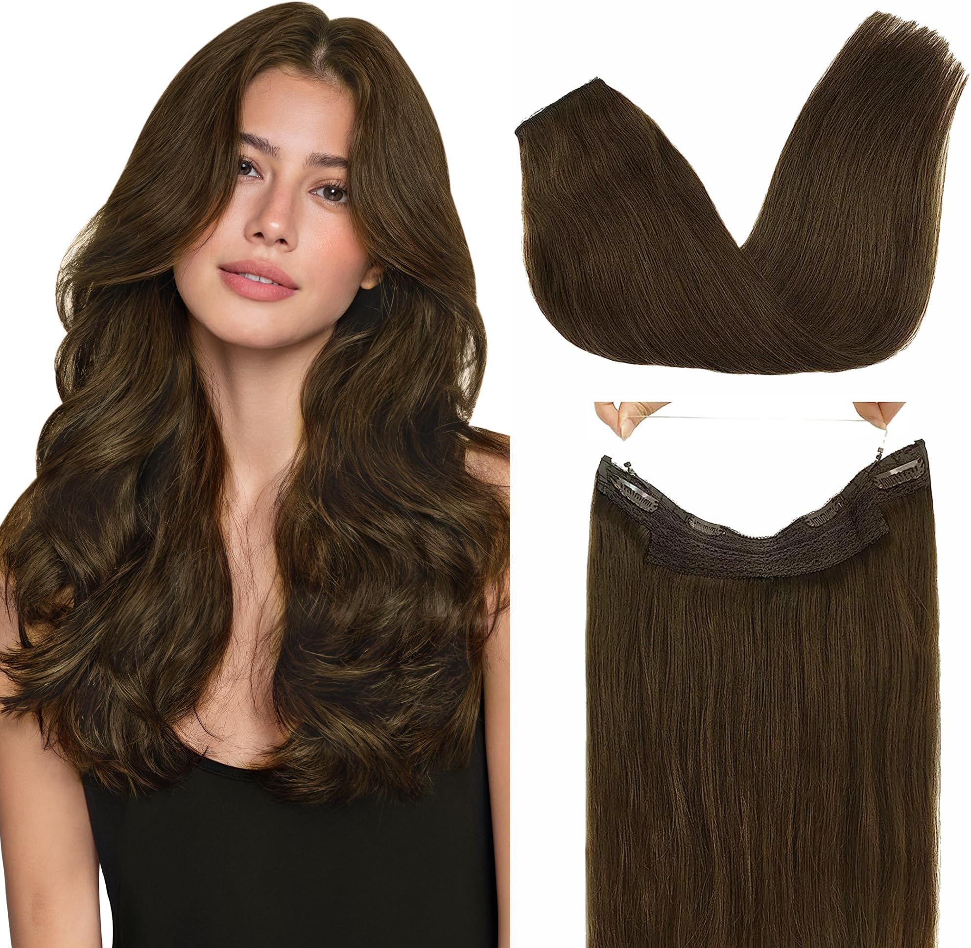 GOO GOO Wire Hair Extensions Human Hair, 4A Chocolate Brown Natural 22inch 115g, Invisible Wire Hair Extensions with Transparent, Seamless Fish Line Hairpiece