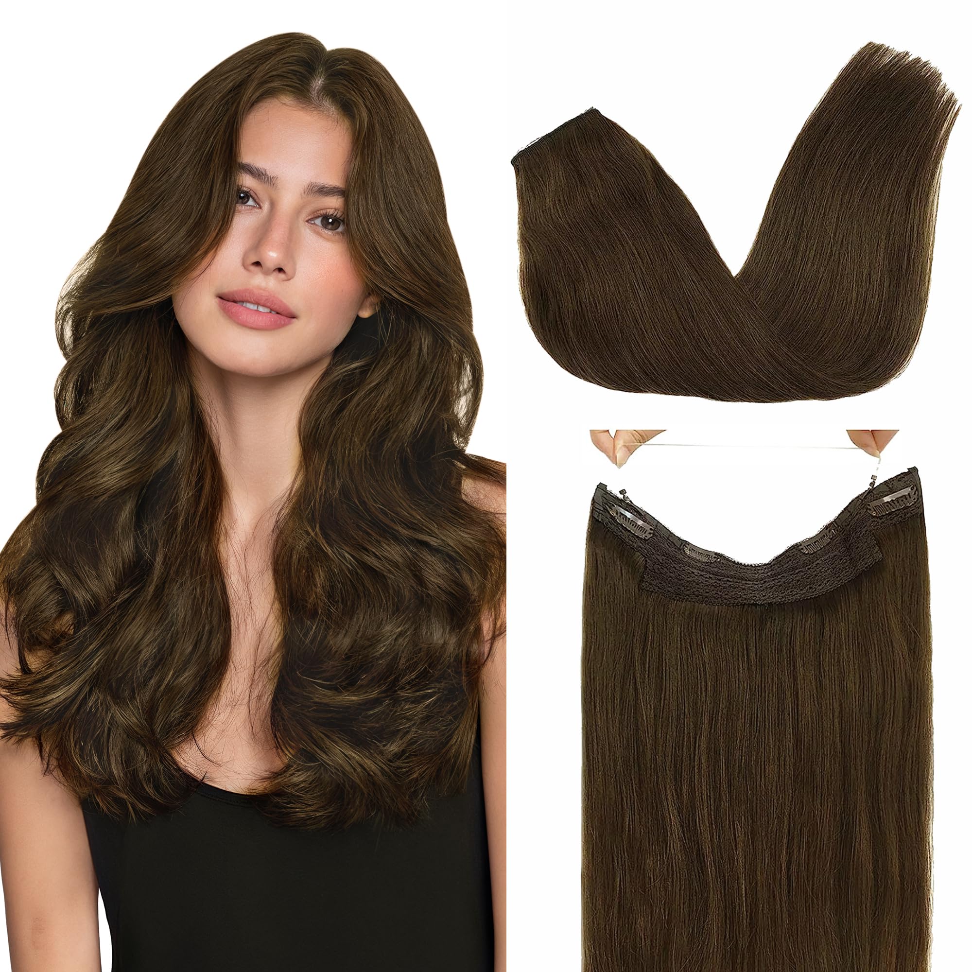 GOO GOO Human Hair Extensions Halo Hair Chocolate Brown Straight Real Halo Hair Extensions Flip in Natural Hair 80g 18 Inch Hidden Crown Wire Hair Extensions with Transparent Fish Line Invisible