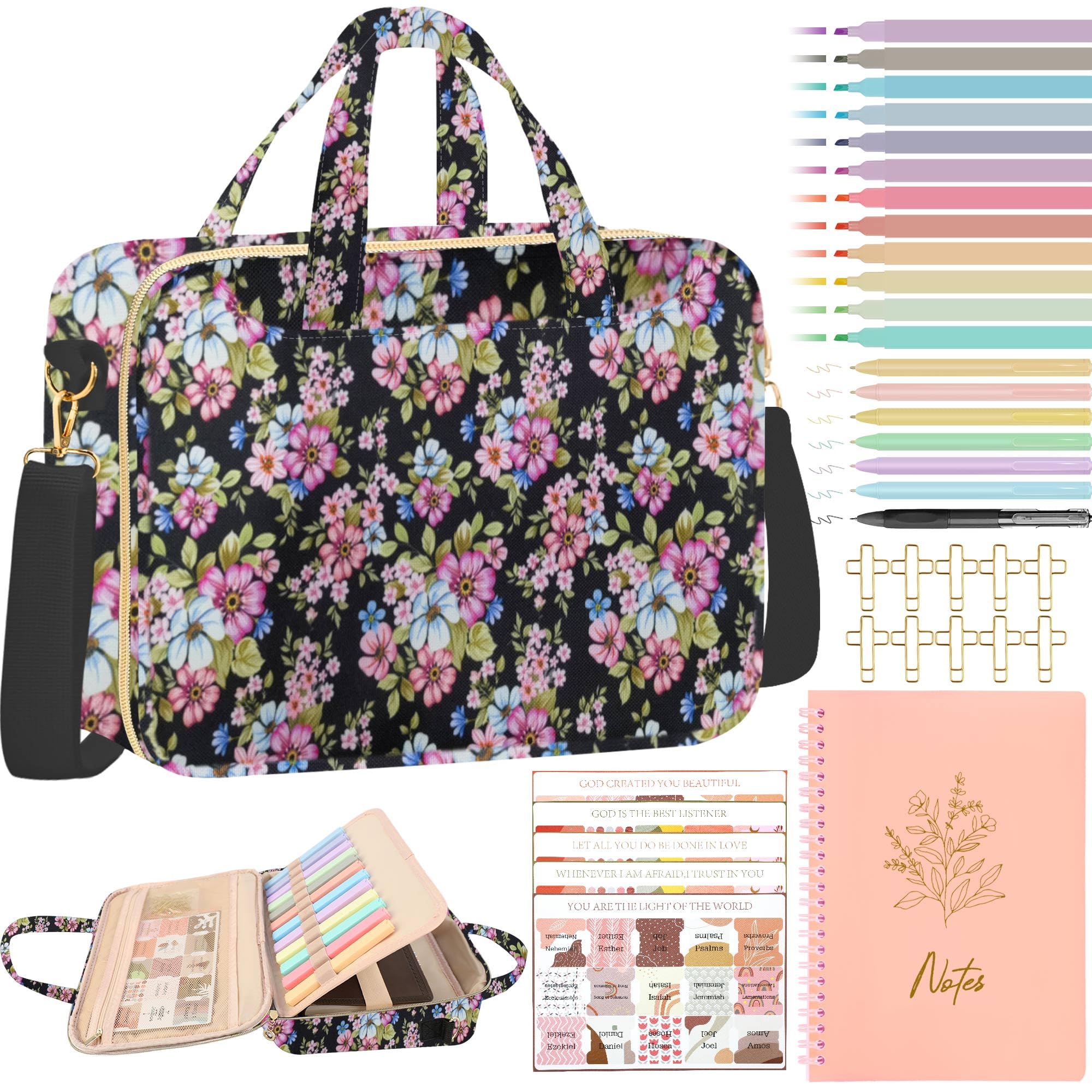 PUGPIU Bible Cover Case for Women, Large Quilted Bible Bag with Shoulder Strap and Handle, Bible Study Supplies Journaling Kit with Highlighters Pens