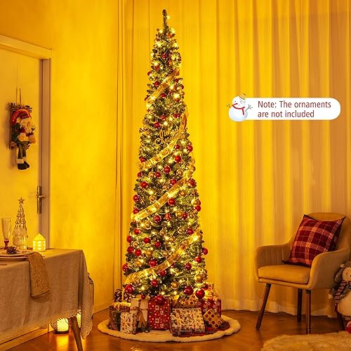 Miniatura 176 de Goplus Árbol de Navidad artificial de 6 pies, árbol de Navidad con bisagras preiluminado con 250 luces LED y soporte de metal, árbol de Navidad