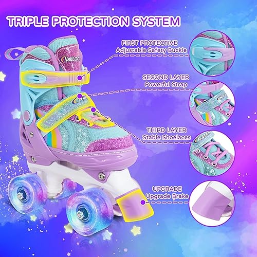Miniatura 3 de Nattork Patines de ruedas para niñas para niños, 4 tamaños ajustables de arco iris con todas las ruedas iluminadas, el mejor regalo de cumpleaños