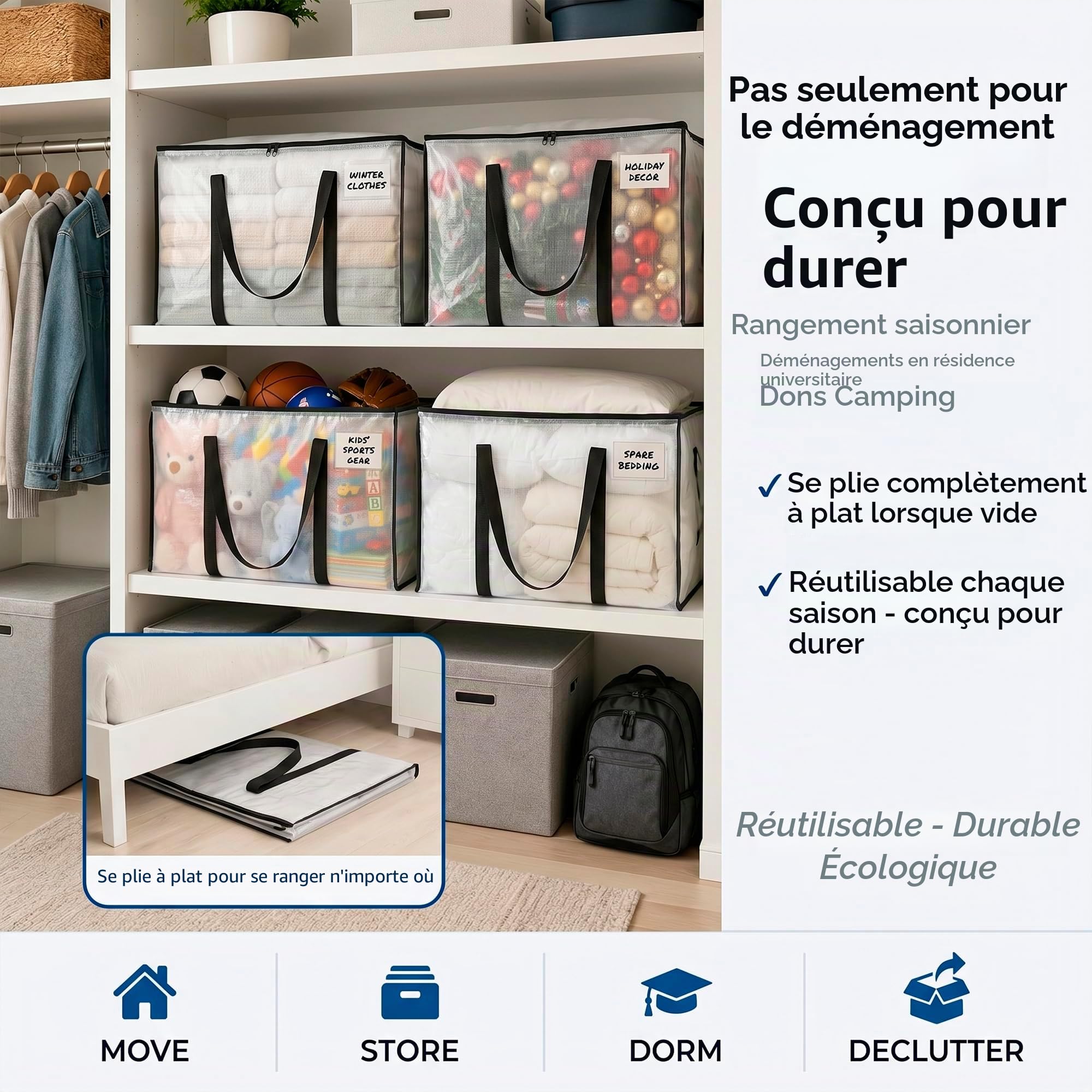 ClearSpace Lot de 8 grands sacs de déménagement ou de rangement surdimensionnés avec sangles de sac à dos, fermetures éclair et poignées - Sacs d'emballage robustes pour déménagement, dortoir