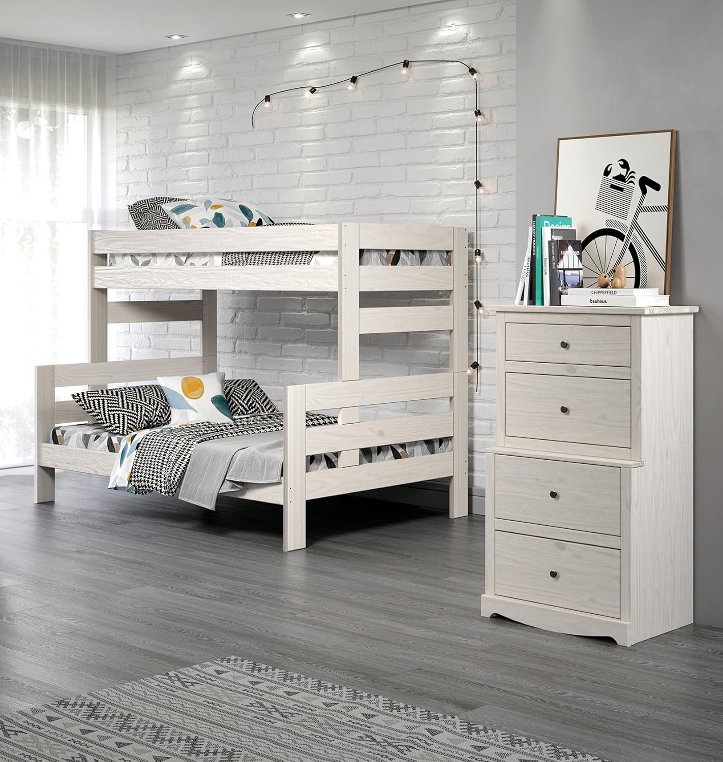 White Finish Rustic Bunk Bed Plank Wood Design Ladder and Plank Design