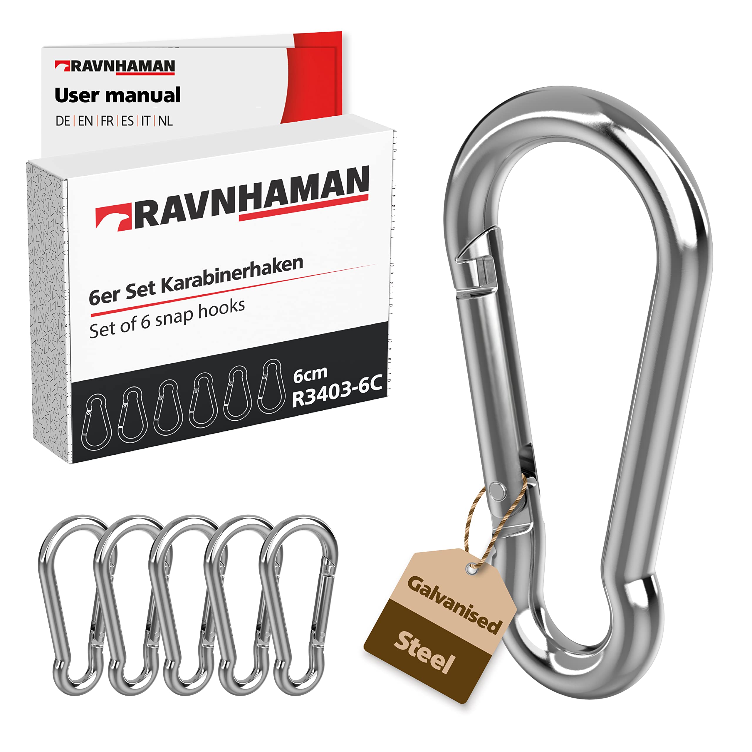 Set of 6 Carabiner hooks 6 x 60 mm - Carabiner clips with snap lock with a load capacity of up to 120 kg - Snap hooks for key ring, hammock, punching bag, etc. - Galvanised steel