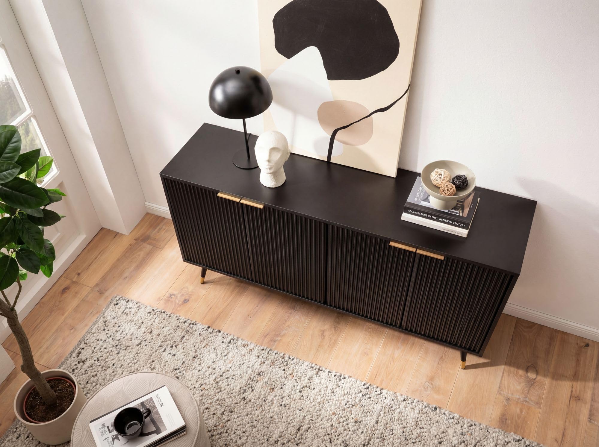 FineBuy Sideboard 150x39x81 cm Schwarz Eiche-Dekor mit Türen