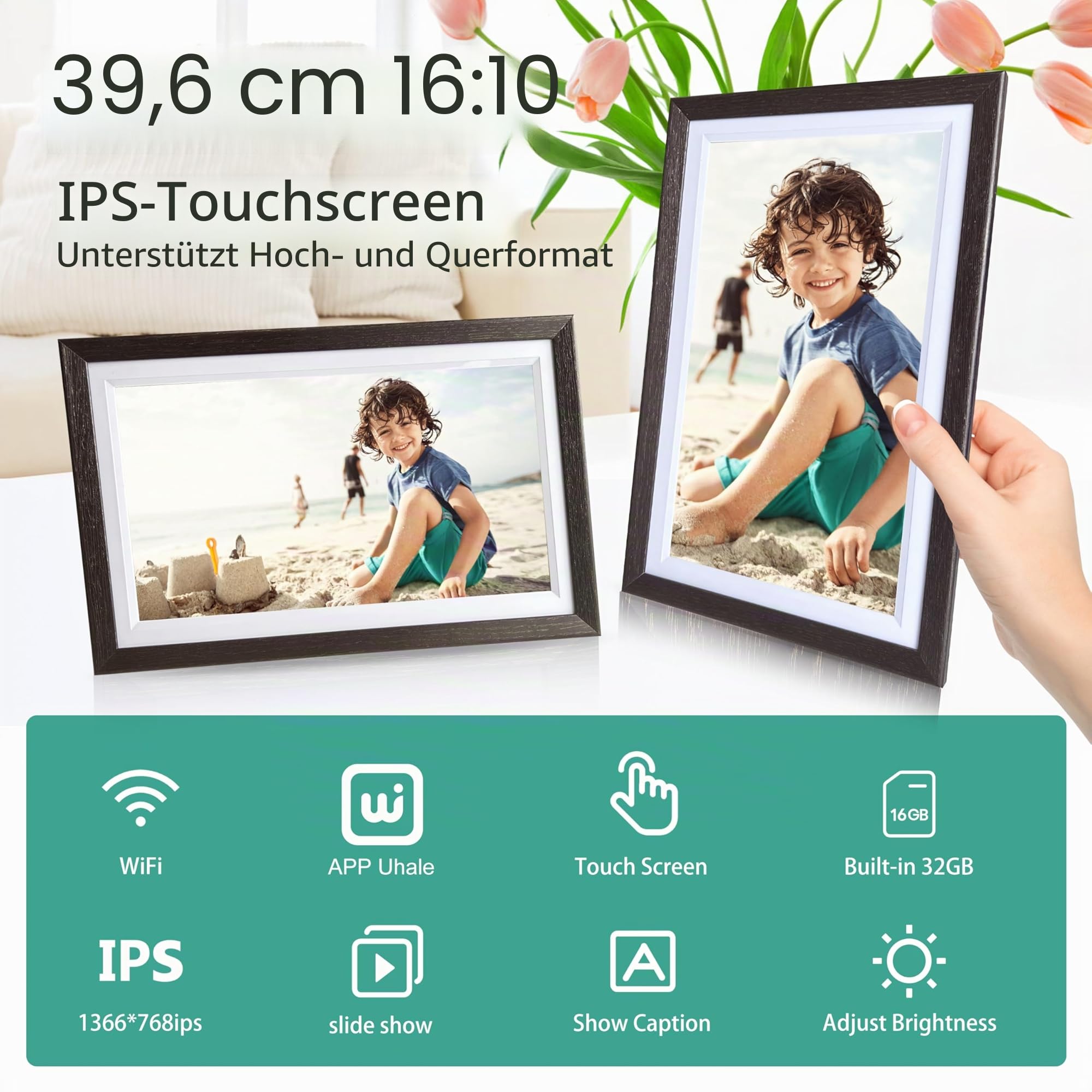 BYYBUO 15,6 Zoll WLAN Digitaler Bilderrahmen, 1366 x 768 IPS Touchscreen Digitaler Bilderrahmen, 32G-Walnuss, Teilen Sie Fotos oder Videos über die Frameo APP