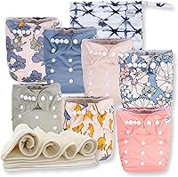 Vista 25 de Nora's Nursery Pañales de tela, paquete de 7 con 7 insertos y 1 bolsa húmeda, funda impermeable, lavable, reutilizable y pañales de bolsillo