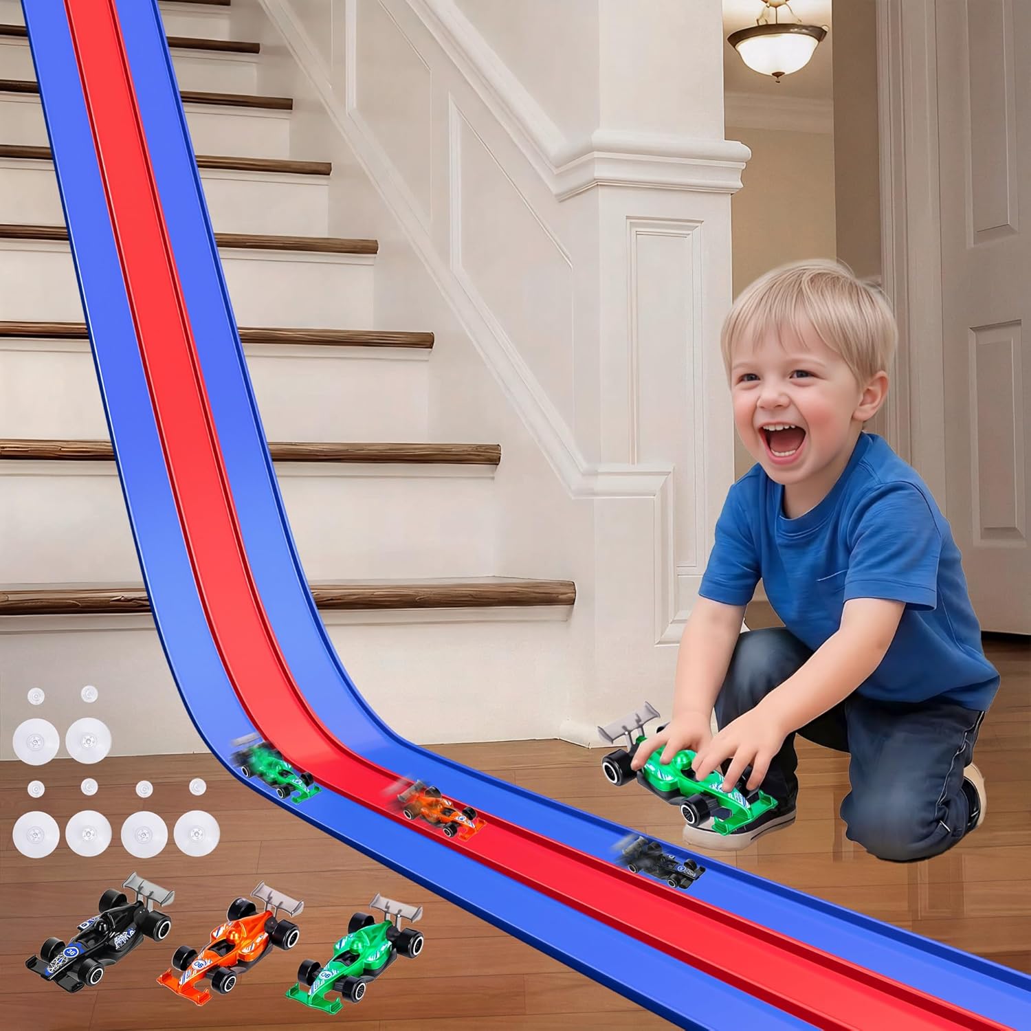 3-Lane Flexible Race Car Track for Kids with Suction Cups