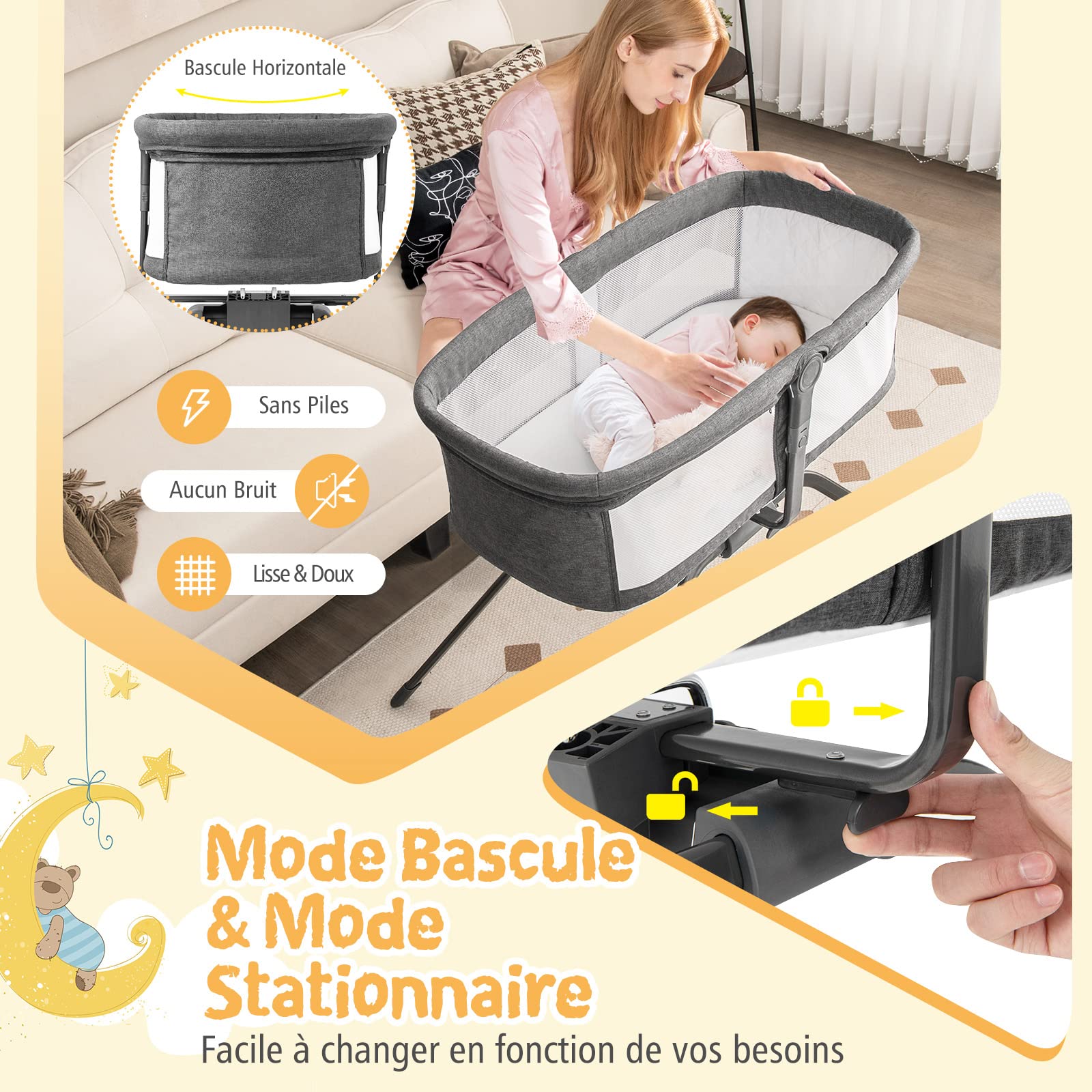 DREAMADE Berceau Cododo Bébé 92x63x74CM avec Matelas Lit Parapluie Bébé 0-6 Mois avec Angle Réglable,Filet de Ventilation Lit d’Appoint Nourrissons Charge 9 KG (Gris)