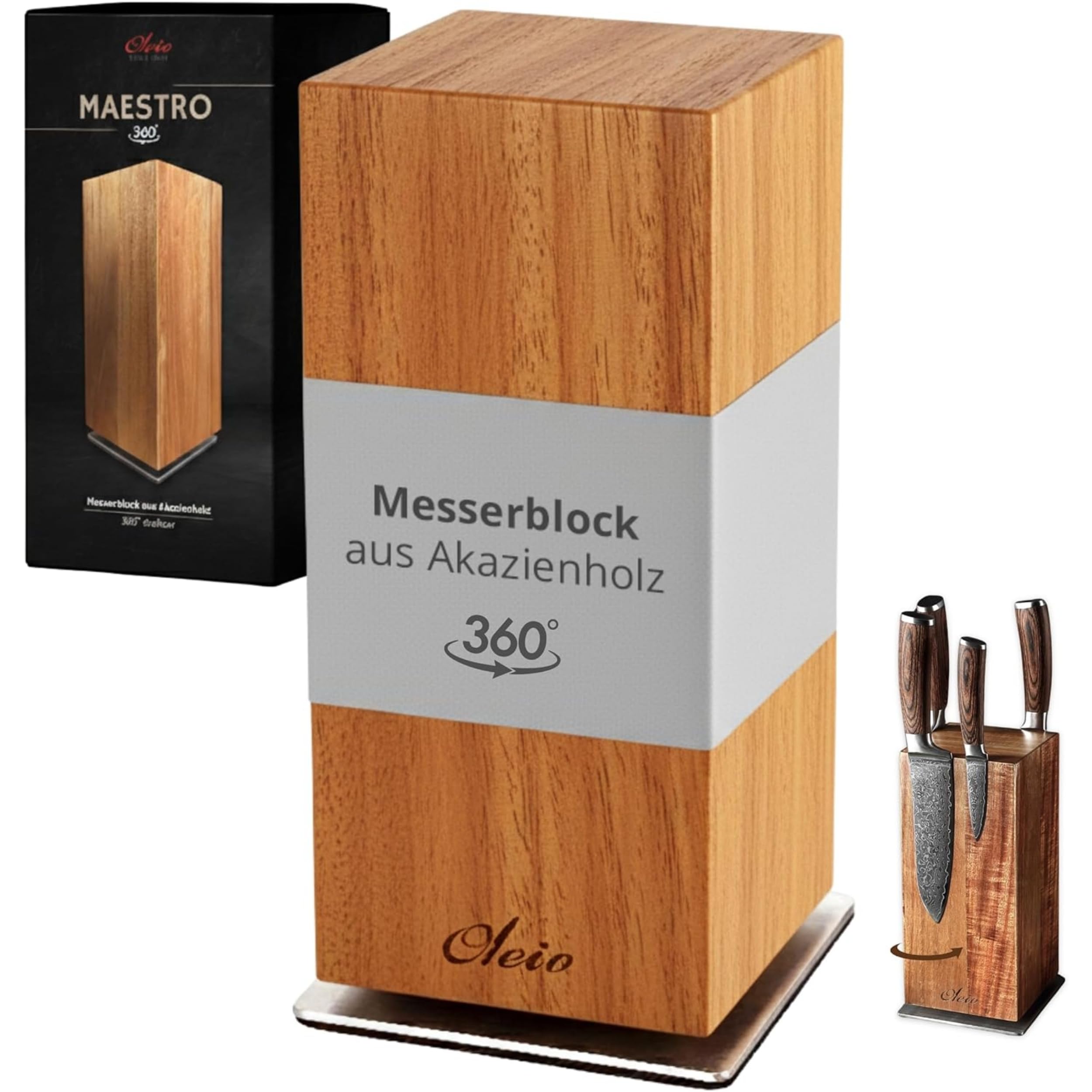 OLEIO Maestro Messerblock magnetisch 360° drehbar Messerhalter aus massivem Akazienholz mit Edelstahlbasis und Kugellager, 3 Magnetreihen pro Seite, unbestückt für bis zu 8 Messer bis 26 cm Klingen