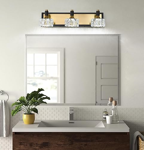 Miniatura 2 de Moderna lámpara de tocador de baño de oro negro con 3 luces regulables LED de cristal para colocar sobre el espejo, elegantes luces de pared de baño