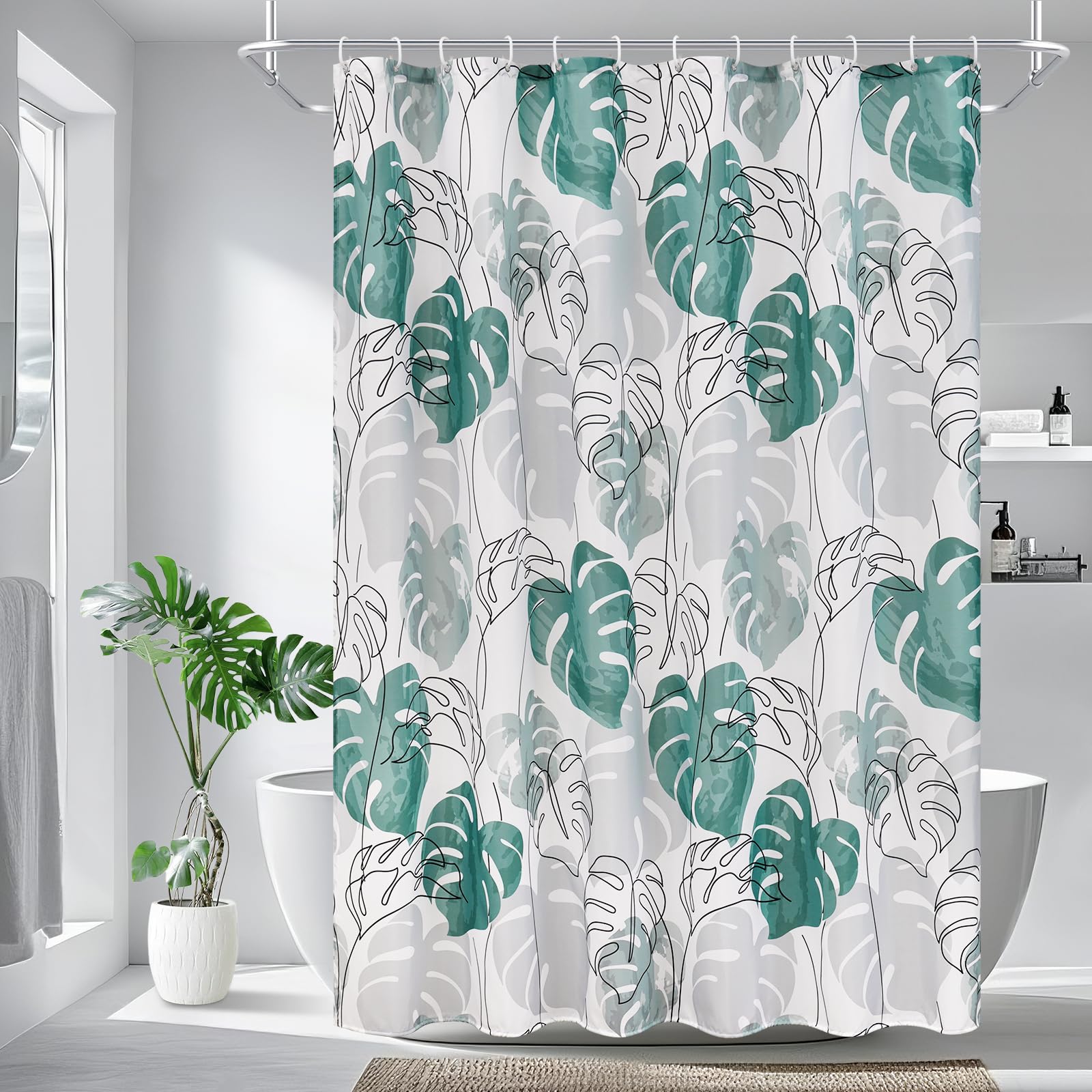 EurCross Green Shower Curtains, Tropical Leaves Bathroom Curtain Anti Mould