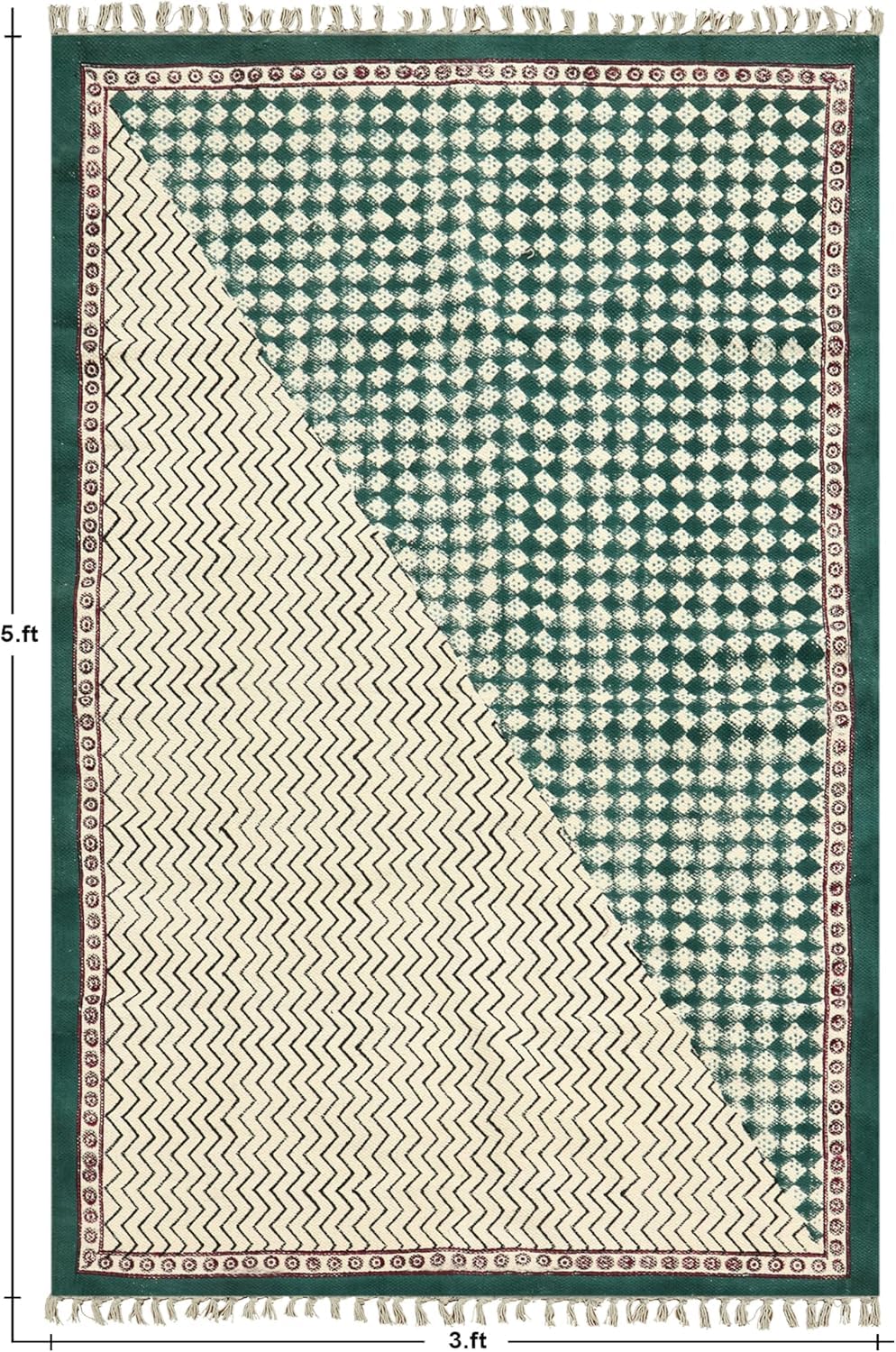 Tapis coton imprimé main facile à laver motif géométrique vert et beige
