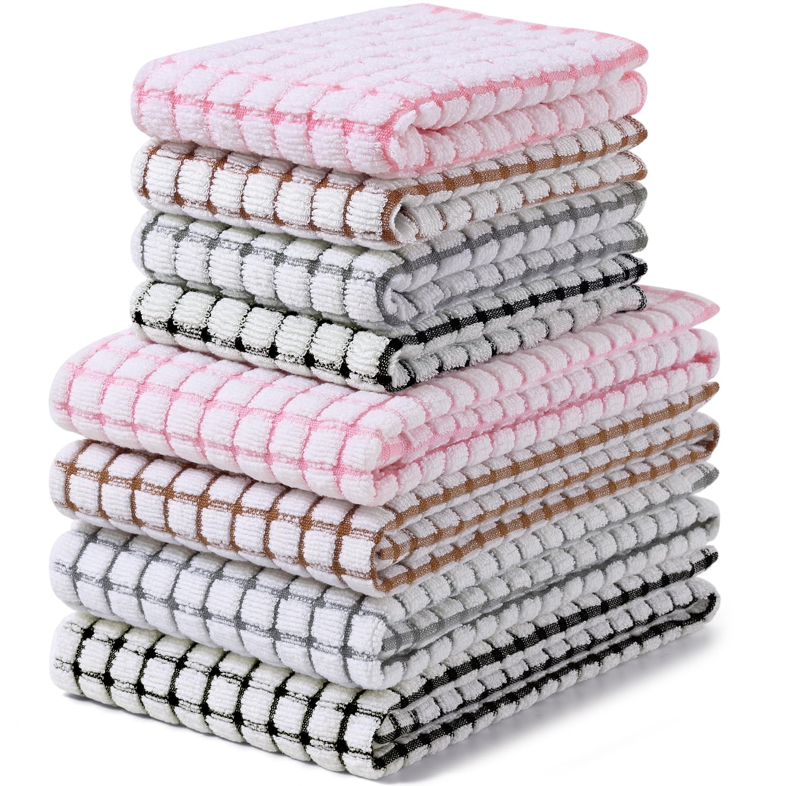 Homaxy Lot de 8 torchons de cuisine en coton éponge super doux et absorbants, 40,6 x 63,5 cm et 30,5 x 30,5 cm, noir/gris/rose/marron