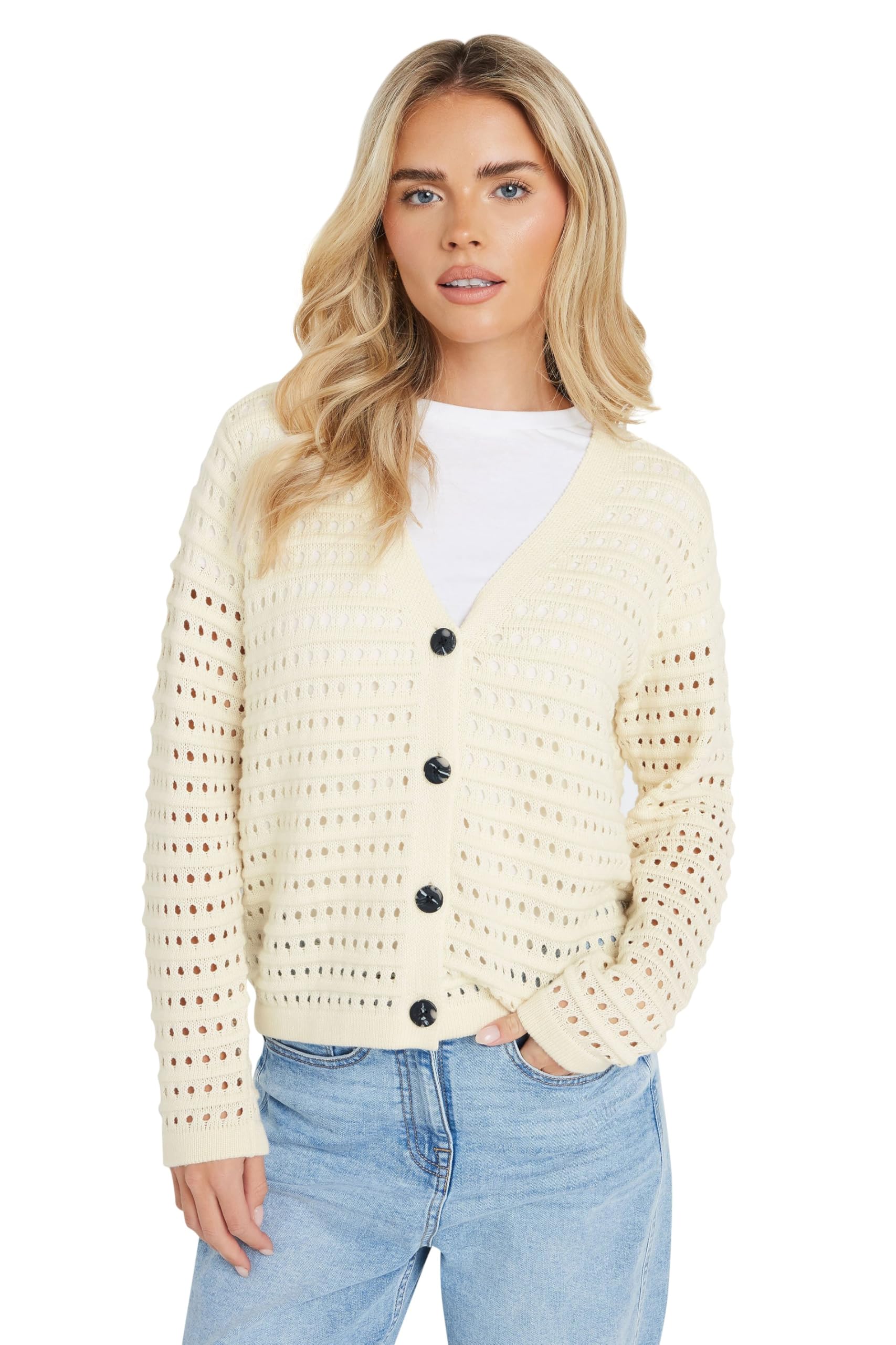 M&Co Women's Petite Crochet Cardigan Sweater in Cream | Size: 12-14