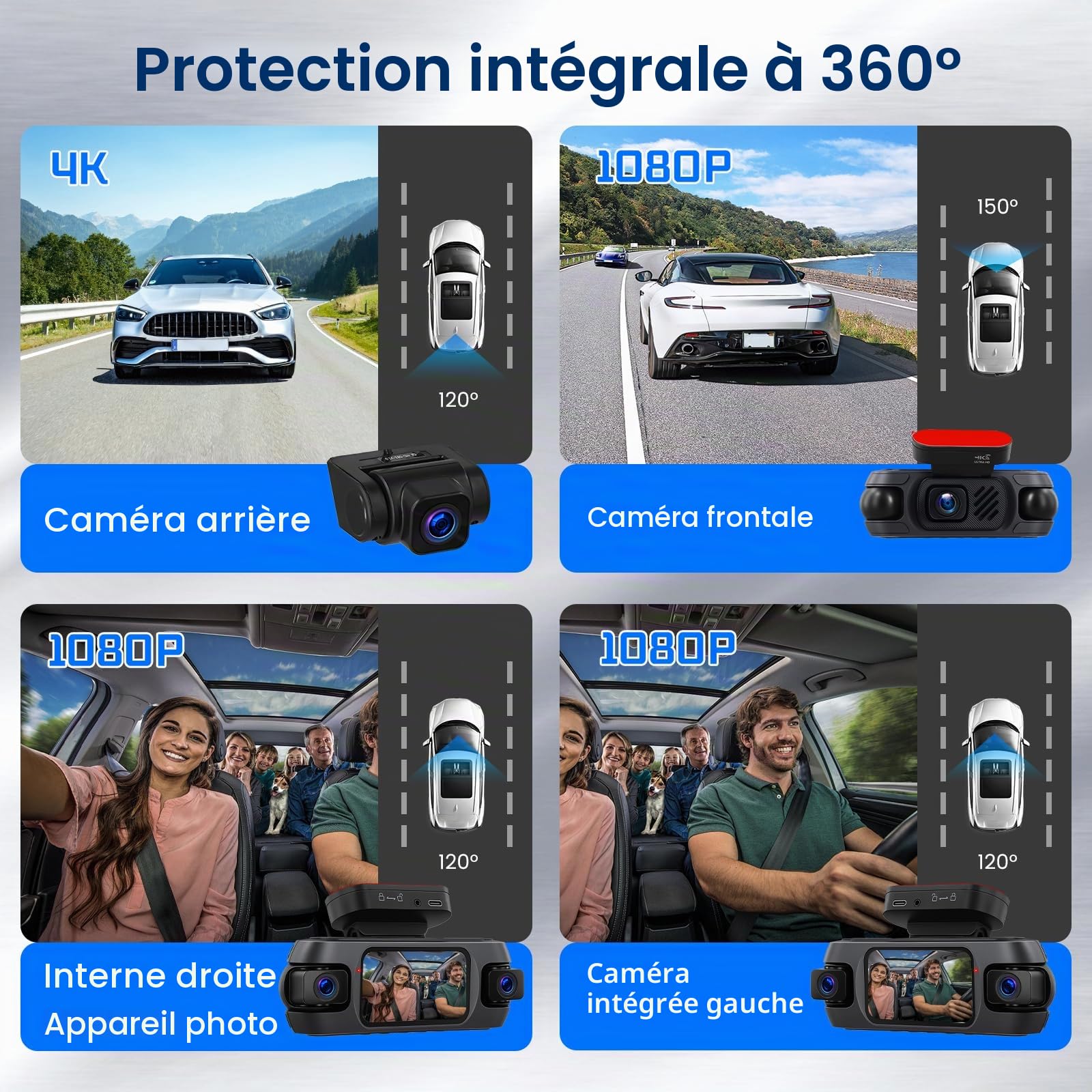 Hodozzy 4K Dashcam Voiture 360° avec WiFi, 4 Caméras Avant Arrière Intérieur Gauche, Nachtsicht Ohne Licht, Écran Tactile IPS 3", Enregistrement en Boucle, Capteur G, localisation GPS，Contrôle des App