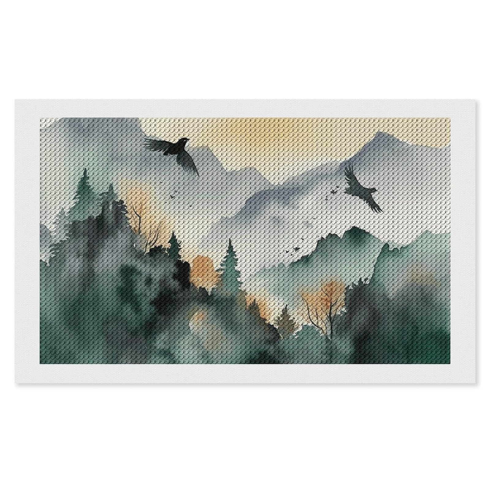 Diamond Painting Kits for Adults - DIY Diamond Art Kits for Beginners - Full 5D Paint Drill Diamond Dots Paintings- Mountain Birds Watercolor Diamonds Pictures Gem Art And Craft Wall Decor 12"x20"