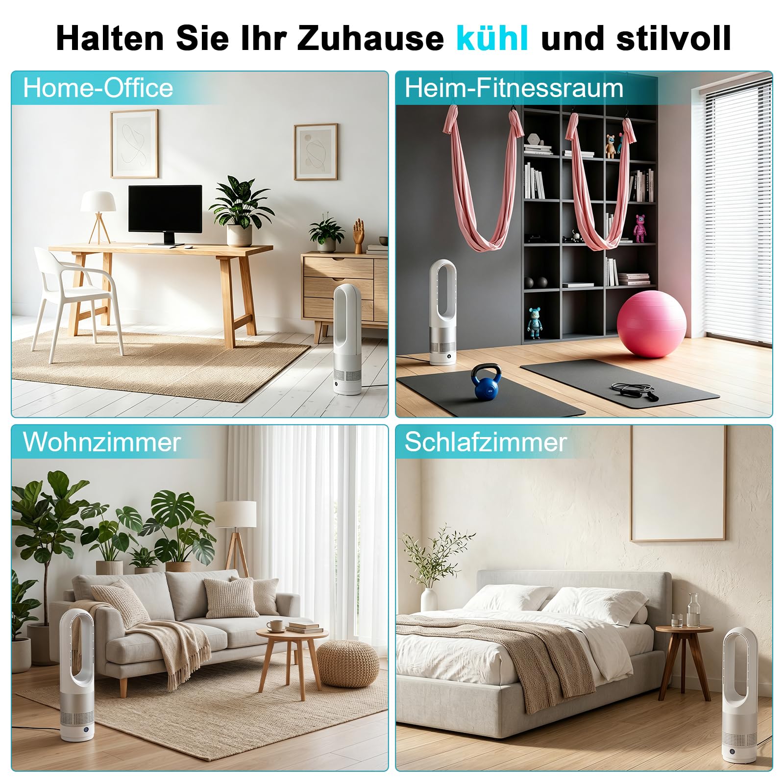 Rotorloser Ventilator mit Fernbedienung, cooling ace Lüfter, Luftkühler, mobiles Klimagerät, 8 Gänge, 80° Oszillation, 8H Timer, Energiesparend Bladeless Fan für Schlafzimmer Zuhau