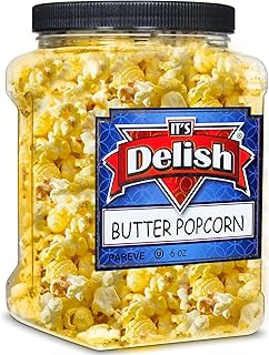 It's Delish Gourmet Butter Popcorn, 6 Oz Reusable Jumbo Container Jar | Vegan Butter Flavored Popcorn | Air Popped Pop Corn Healthy Snacks | Gluten Free, Non-Dairy, Vegan, Kosher, Yellow, White
