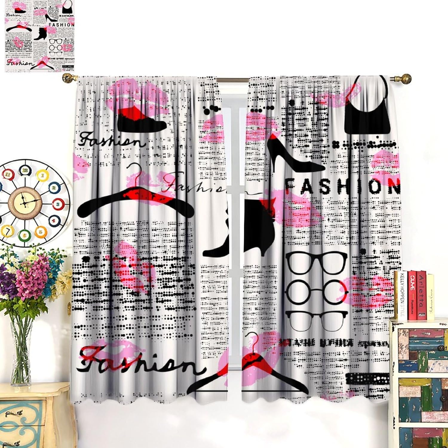Old Newspaper Decor Window Curtain, Fashion Elements Kisses Lipstick Glasses Shoes Hangers Print for Home Kitchen Livingroom Coffee Room Window Curtain 2Panel 42" W X 63" L