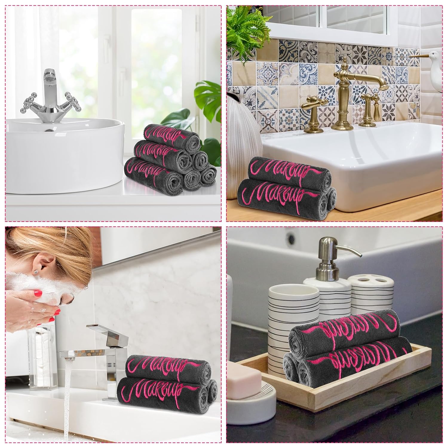 Preboun 96 Pack Makeup Remover Cloths, 13 x 13 Inch Makeup Towels Bulk Soft Microfiber Face Towels Reusable Makeup Washcloths with Makeup Embroidery for Women Skin (Gray)