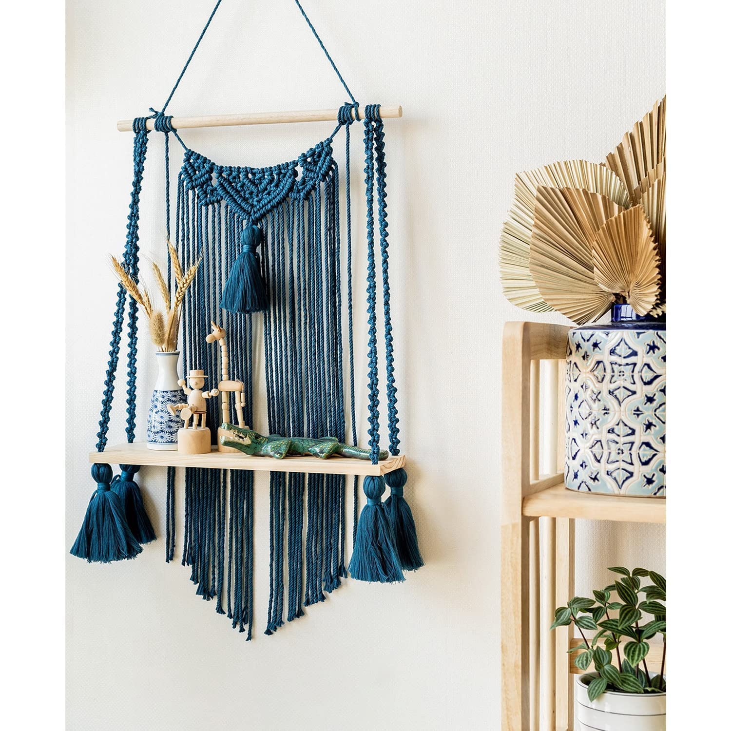 MARUTI ISHT Macrame Wall Hanging Shelf Boho Decorative Wooden Wall Mounted Shelves Product for Home Decors Storage Floating Shelf for Books Living Room, Bedroom Decoration- Blue Color - 30 x 55 CM (B0D5D1HR2Y) Amazon Price History, Amazon Price Tracker