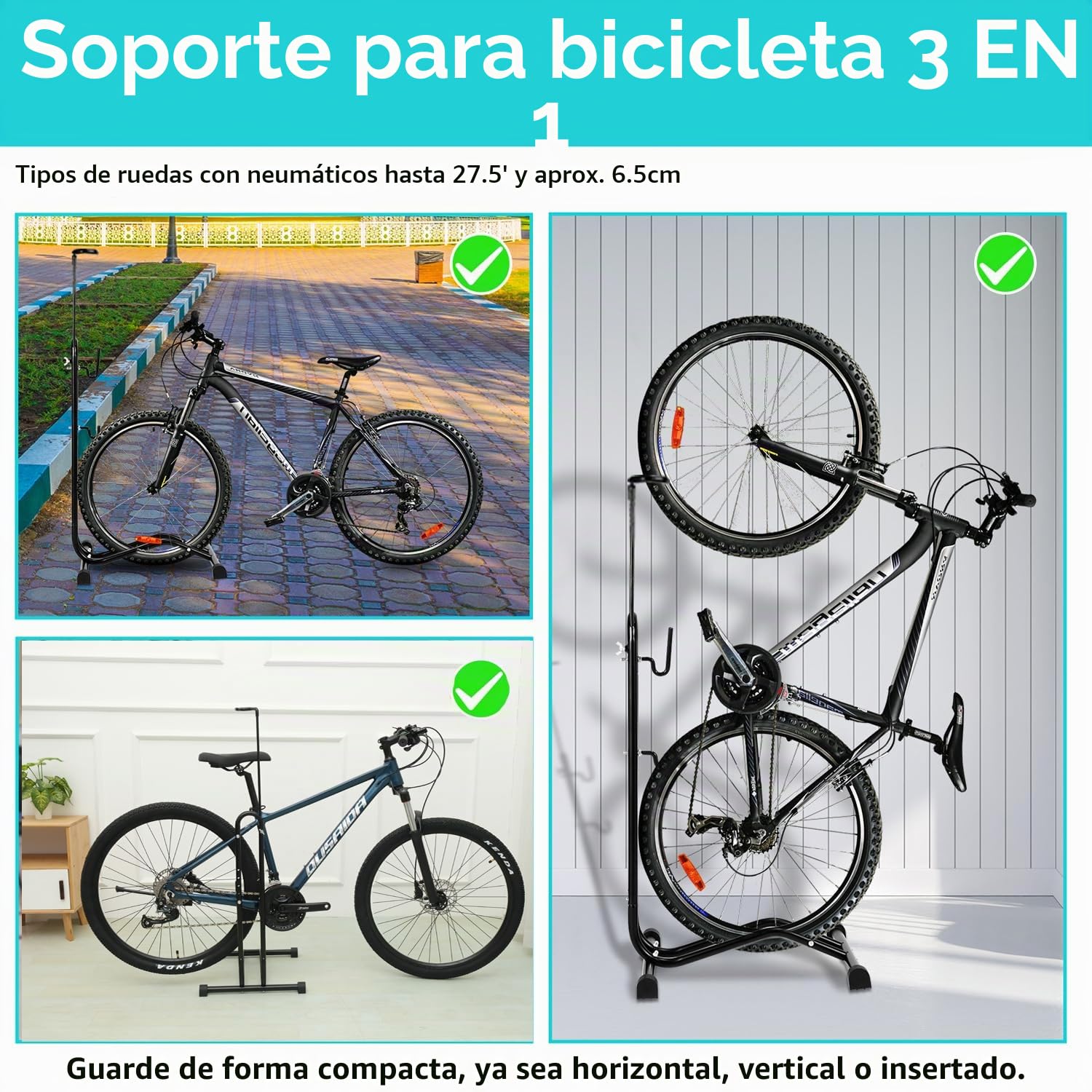 Soporte para bicicletas 3 en 1, soporte de mantenimiento para bicicletas ajustable en altura con suspensión horizontal y vertical, antideslizante, soporte de hasta 7 cm para bicicletas de