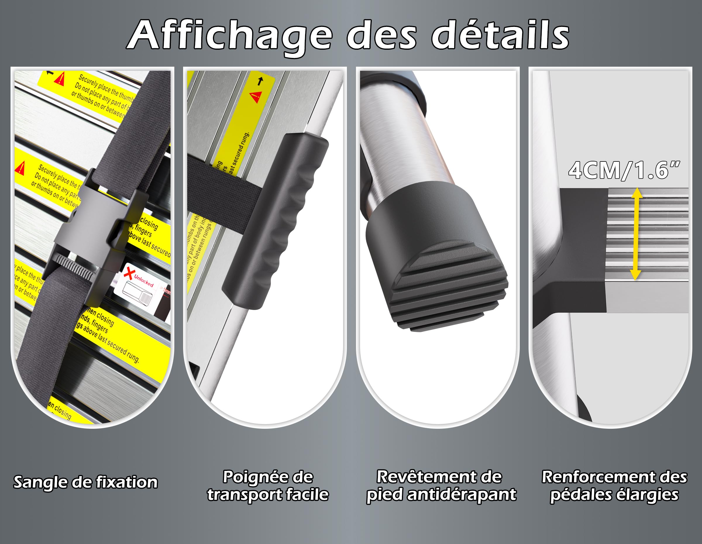 Échelle Télescopique 3,8m en Acier Inoxydable, Échelle Extensible avec Pieds Antidérapants, Échelle Portable à Hauteur Réglable pour Grenier, Toiture, Camping-Car, Décoration et Entretien