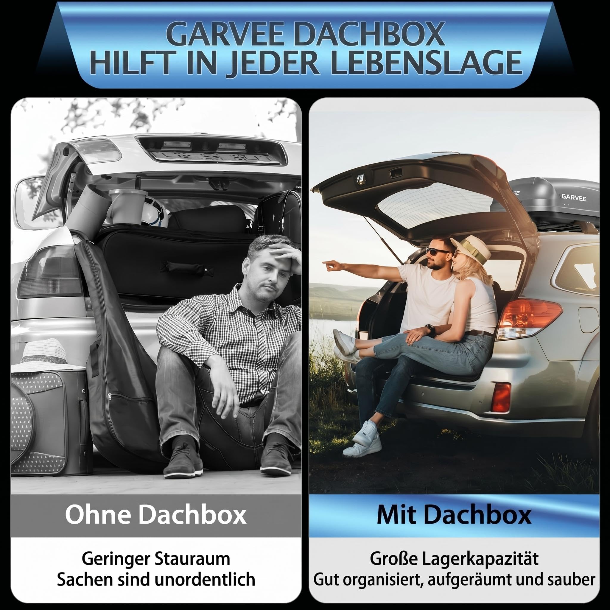 Dachbox Universal für Auto mit/ohne Dachreling, Wasserdicht | Dachkoffer aus 500D PVC, Faltbare Dachtasche mit Anti-Rutsch-Matte, Einfach Montage und Große Kapazität (595 L / 21 Kubikfuß)