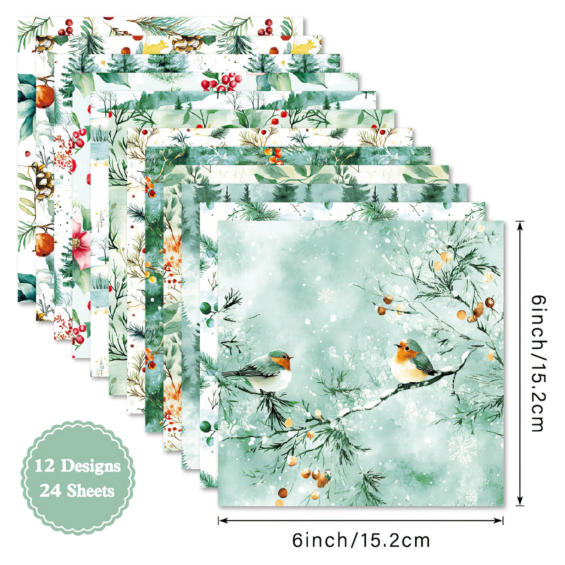 24 arkusze papieru do scrapbookingu, choinka, zielona, natura, las, 15 x 15 cm, kartonowe podkładki papierowe, jednostronne, zimowe wakacje, karton do samodzielnego wykonania kart, albumu