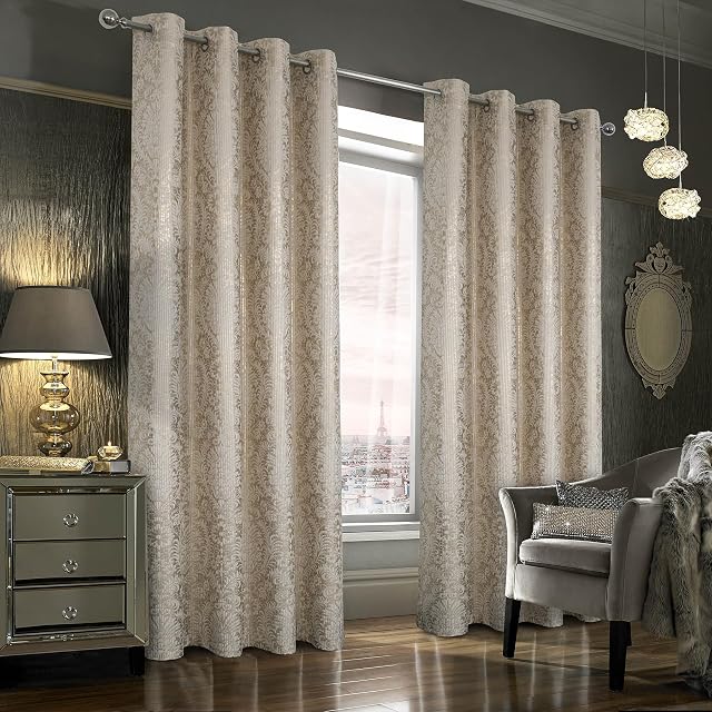 always4u 100% Blackout Curtains for Bedroom Thermal Insulated Floral Gold Foil Print Eyelet Curtains for Living Room Lined Drapes 1 Pair Beige 46 * 54 Inches