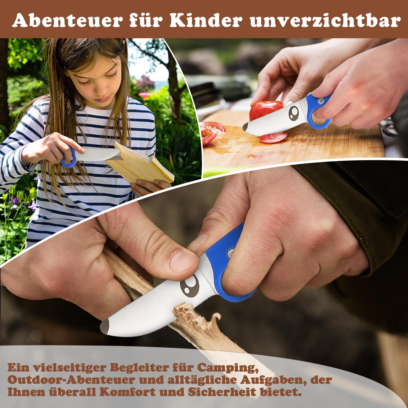 Kindermesser Schnitzmesser und Outdoormesser für Kinder, scharf mit Scheide und Gürtelhalterung, div Farben (Blue)