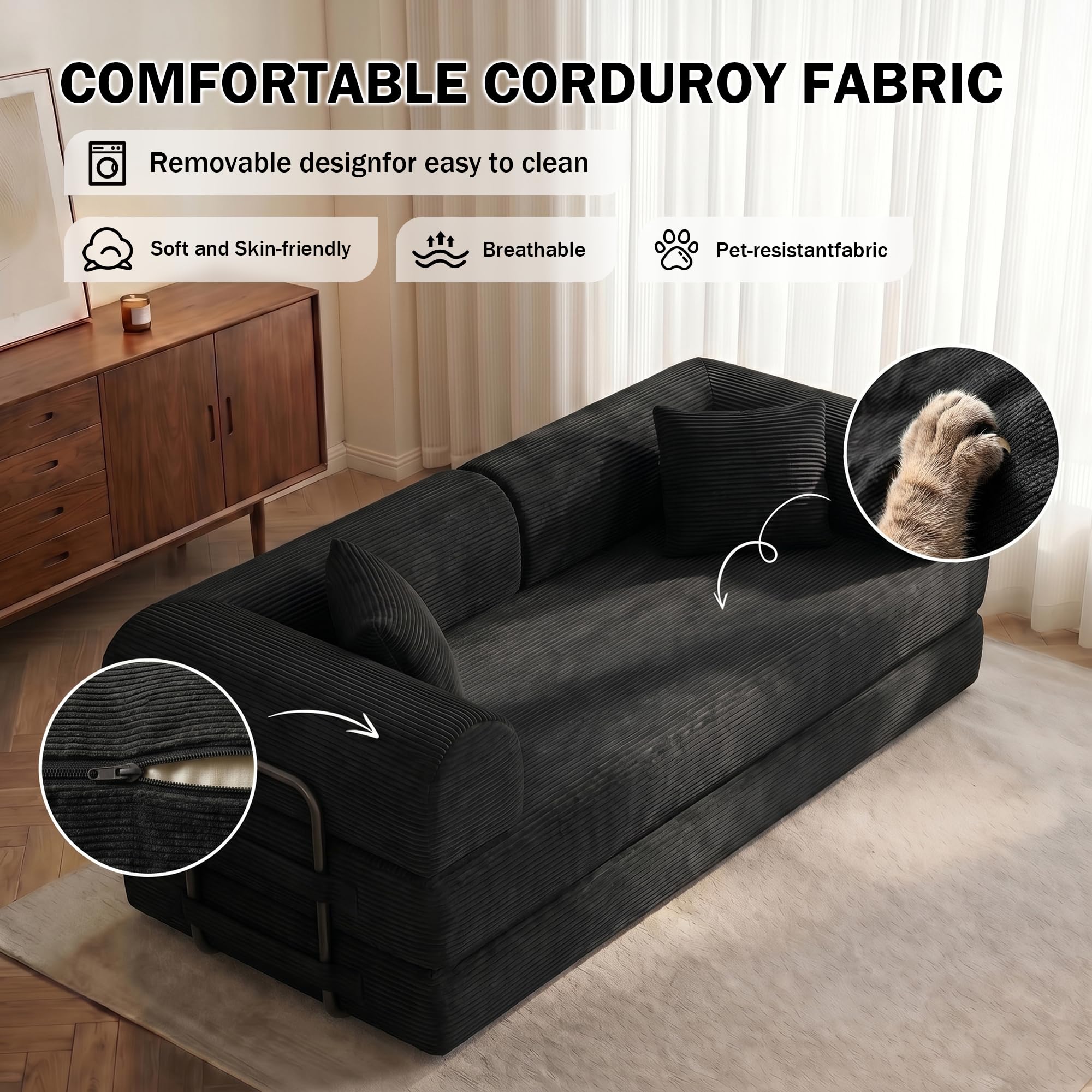 79" Convertible Futon Sofa Bed, Boneless Couch for Living Room, Black | Corduroy Sleeper Sofa, Modular Floor Couch with Pocket Springs and 2 Pillows, Couch Bed No Assembly