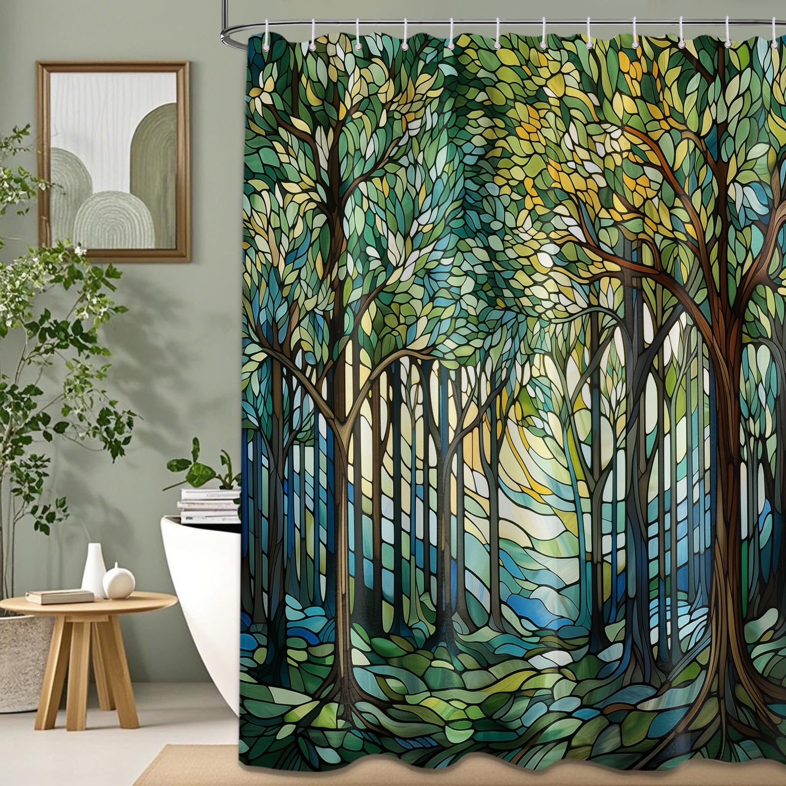 puuiui Stained Glass Shower Curtain Green Forest Tree, 70x72 Inch | Scenic Design, Nature…