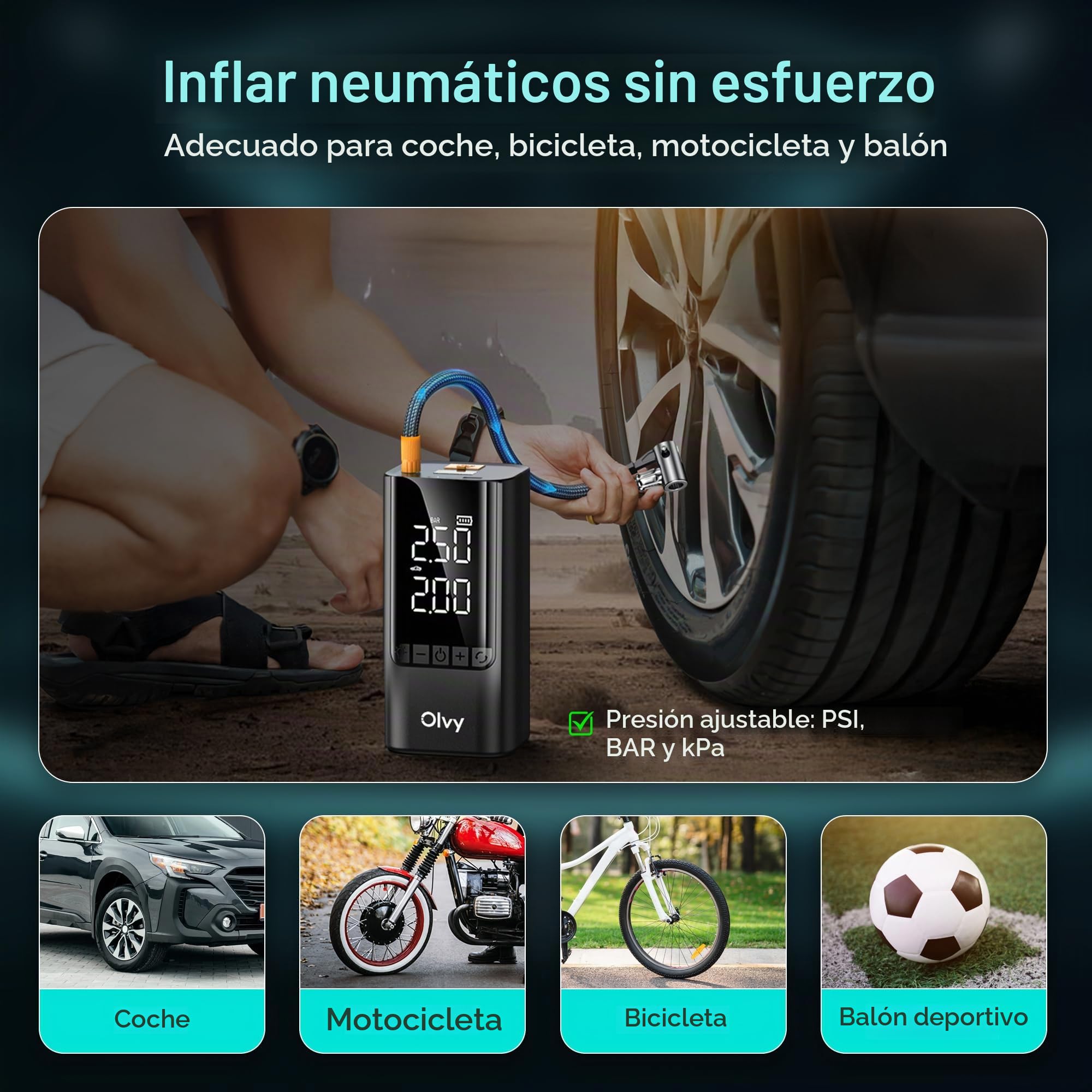 Arrancador portátil Olvy 4 en 1 con compresor de Aire, 1500 A de Potencia máxima, batería Externa de 12 000 mAh, protección Inteligente, luz LED, Pantalla Digital, Compacto para vehículos de Gasolina