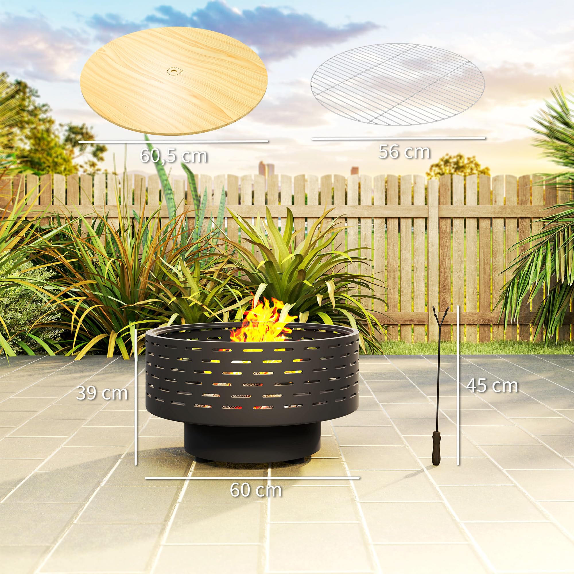 Outsunny 3-in-1 Feuerschale mit Edelstahl-Grillrost Ø60x39cm Kohlegrau | Feuerstelle, Schürhaken, Funkenschutz, in Holzoptik, Feuerschalen Feuerkorb, für Garten, Balkon Terrasse
