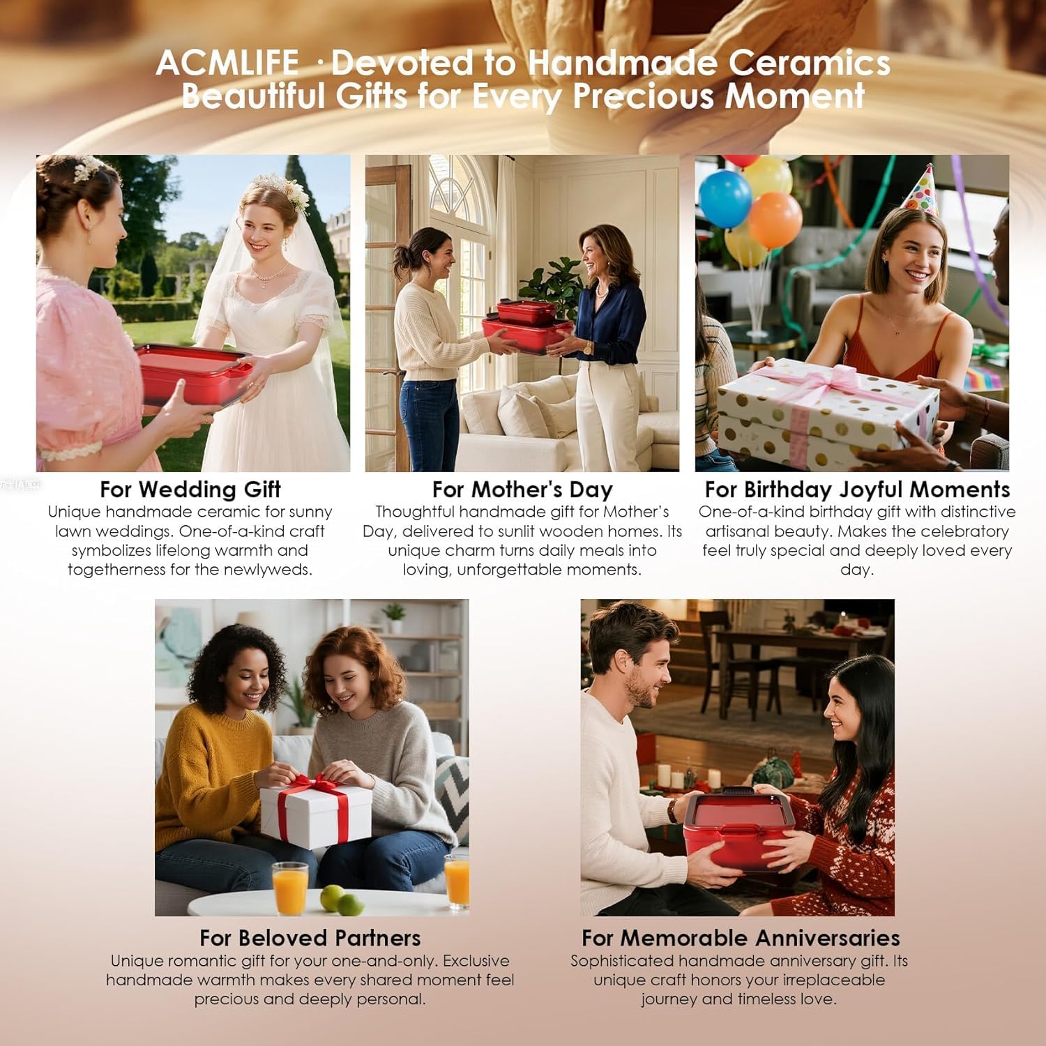 ACMLIFE Ceramic Casserole Dishes with Lids, Baking Dish for Oven with Lid, Stoneware Rectangular Dish 4 Pcs Set, Red 2-in-1 Bakeware Set (13"x8"+8"x6"), Large 3.06 Qt & Small 0.95 Qt Ceramic Bakeware, Casserole Dishes for Oven Baking Pan with Handles, Ideal for Lasagna Roasts, Microwave Freezer Dishwasher Safe
